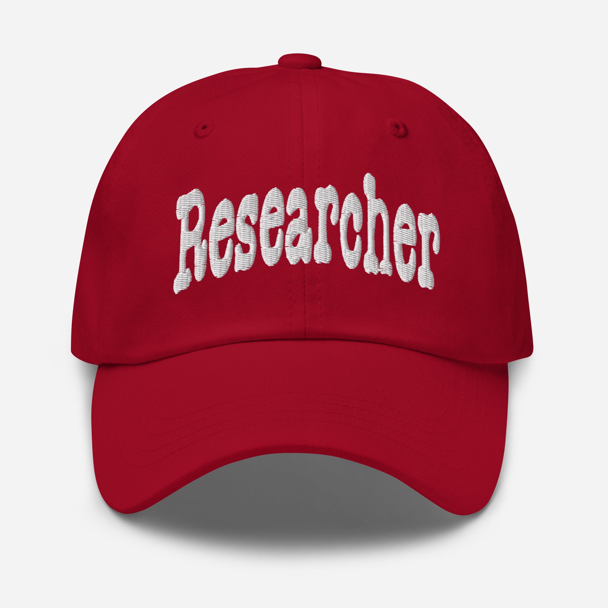Red baseball cap with 'Researcher' text embroidered in white, ideal for professionals dedicated to inquiry and systematic exploration.