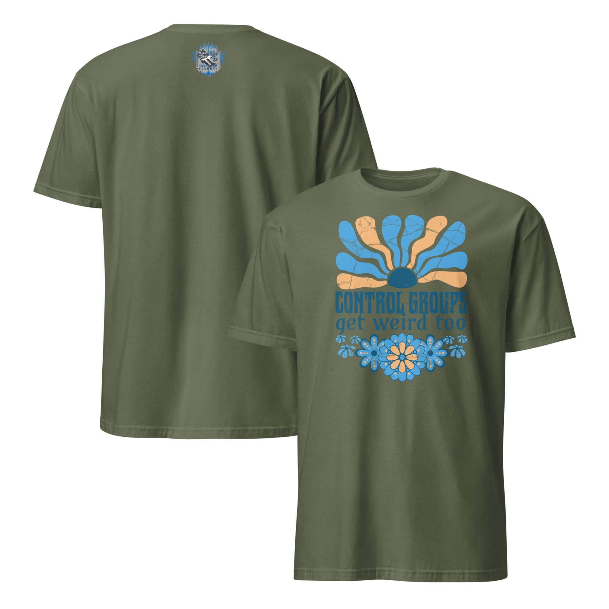 Retro science humor t-shirt with blue and orange sunburst design and 'Control Groups Get Weird Too' message on olive green fabric.