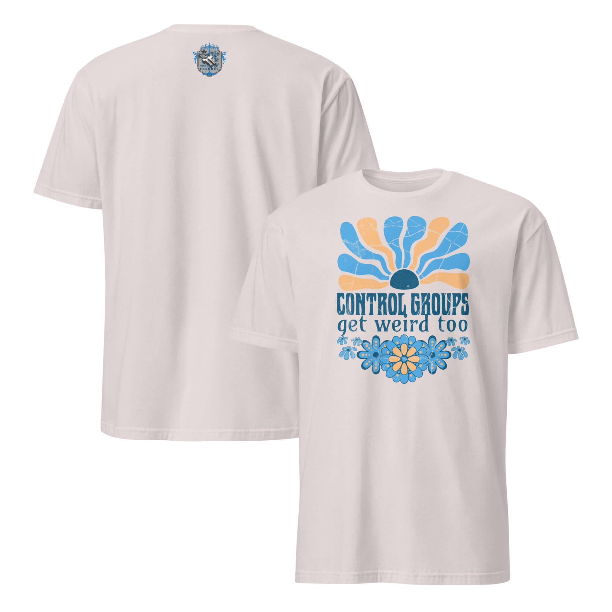Retro "Control Groups Get Weird Too" t-shirt with blue and orange 70s sunburst design, ideal for science and humor enthusiasts