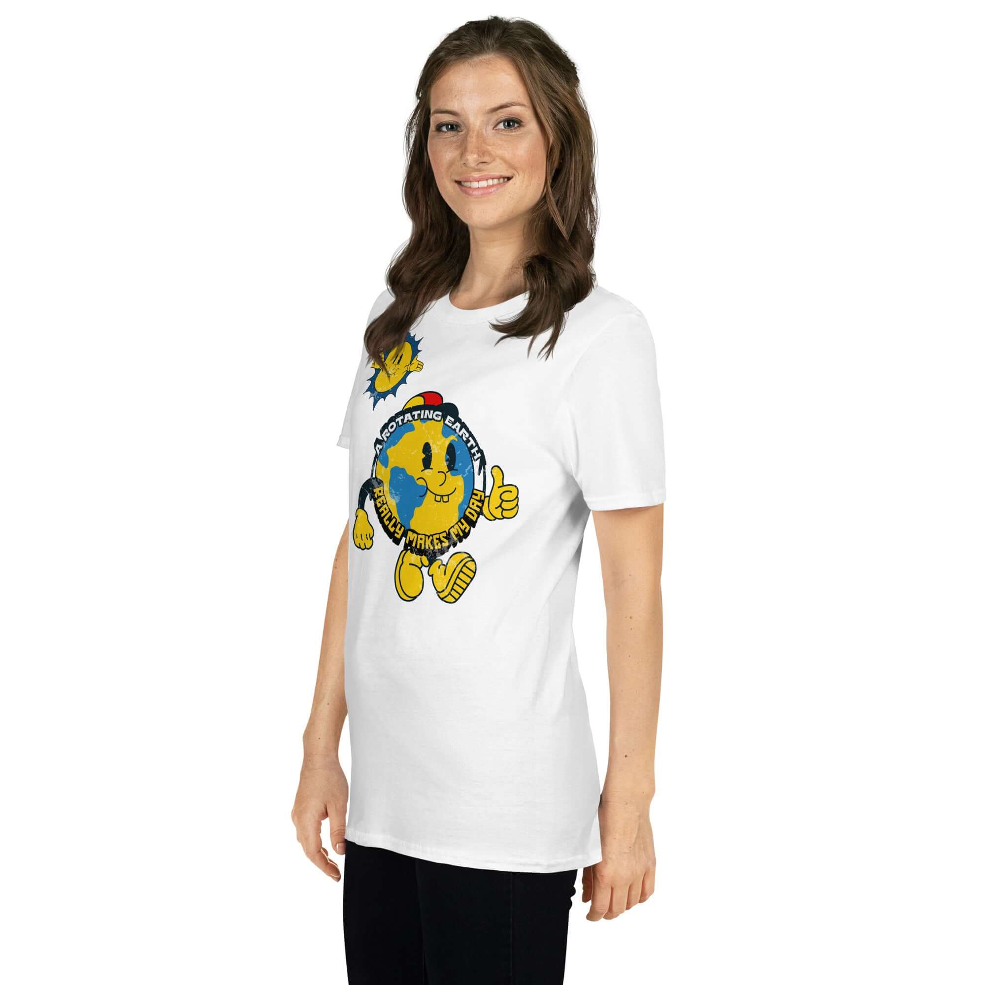 Woman wearing a cheerful 'A Rotating Earth Really Makes My Day' t-shirt by Cheerful Planet Apparel, featuring a cartoon Earth character.