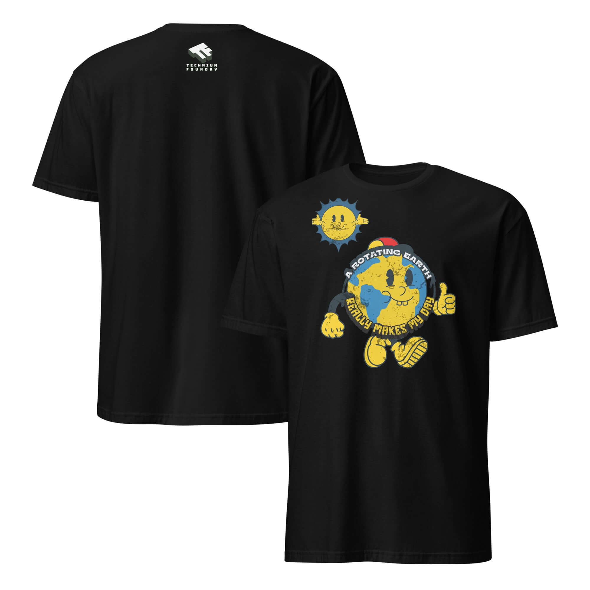 Black t-shirt with cartoon Earth giving thumbs up, displaying text 'A Rotating Earth Really Makes My Day!' by Cheerful Planet Apparel.