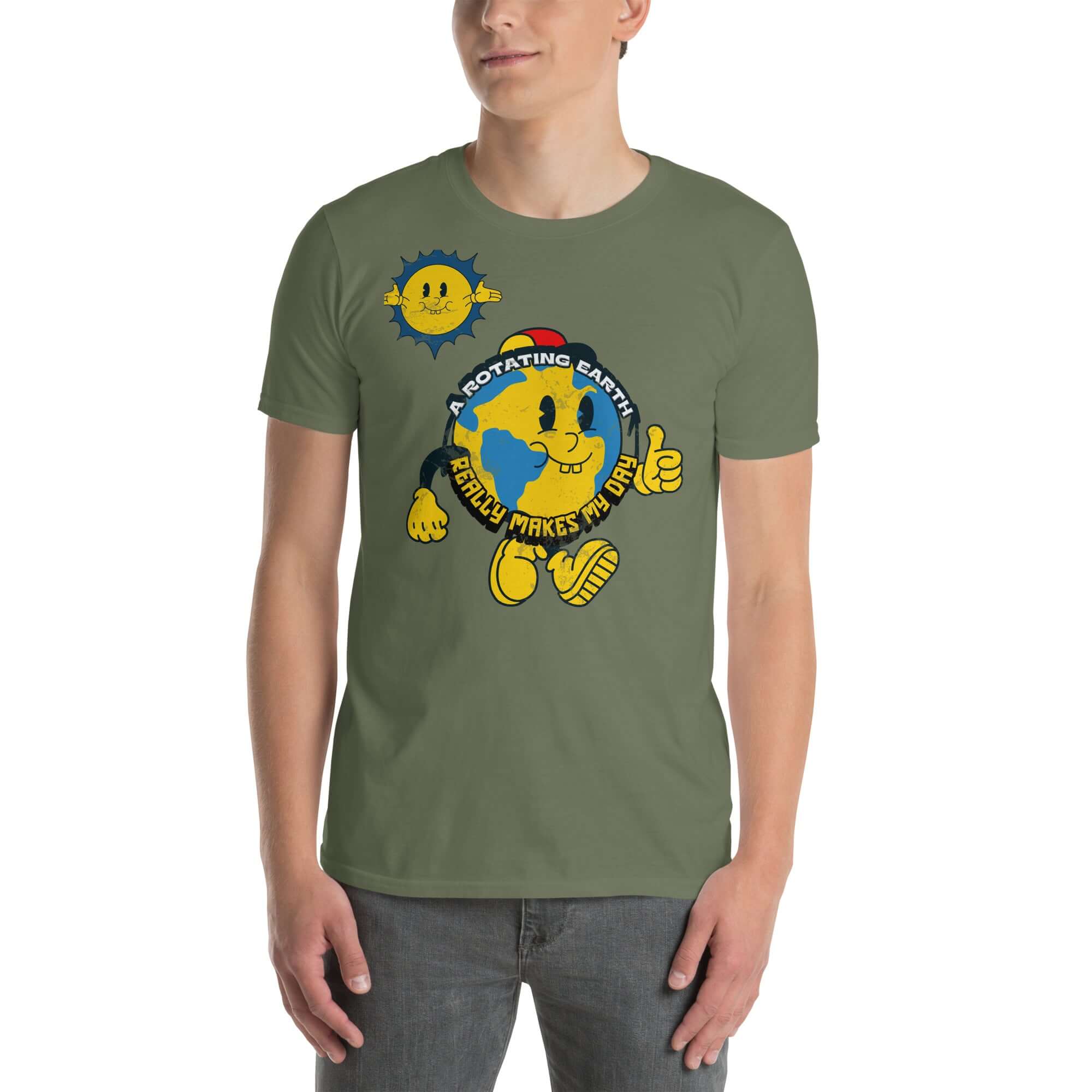 Cheerful Planet Apparel "A Rotating Earth Really Makes My Day" t-shirt with cartoon Earth and sun design on a green background.