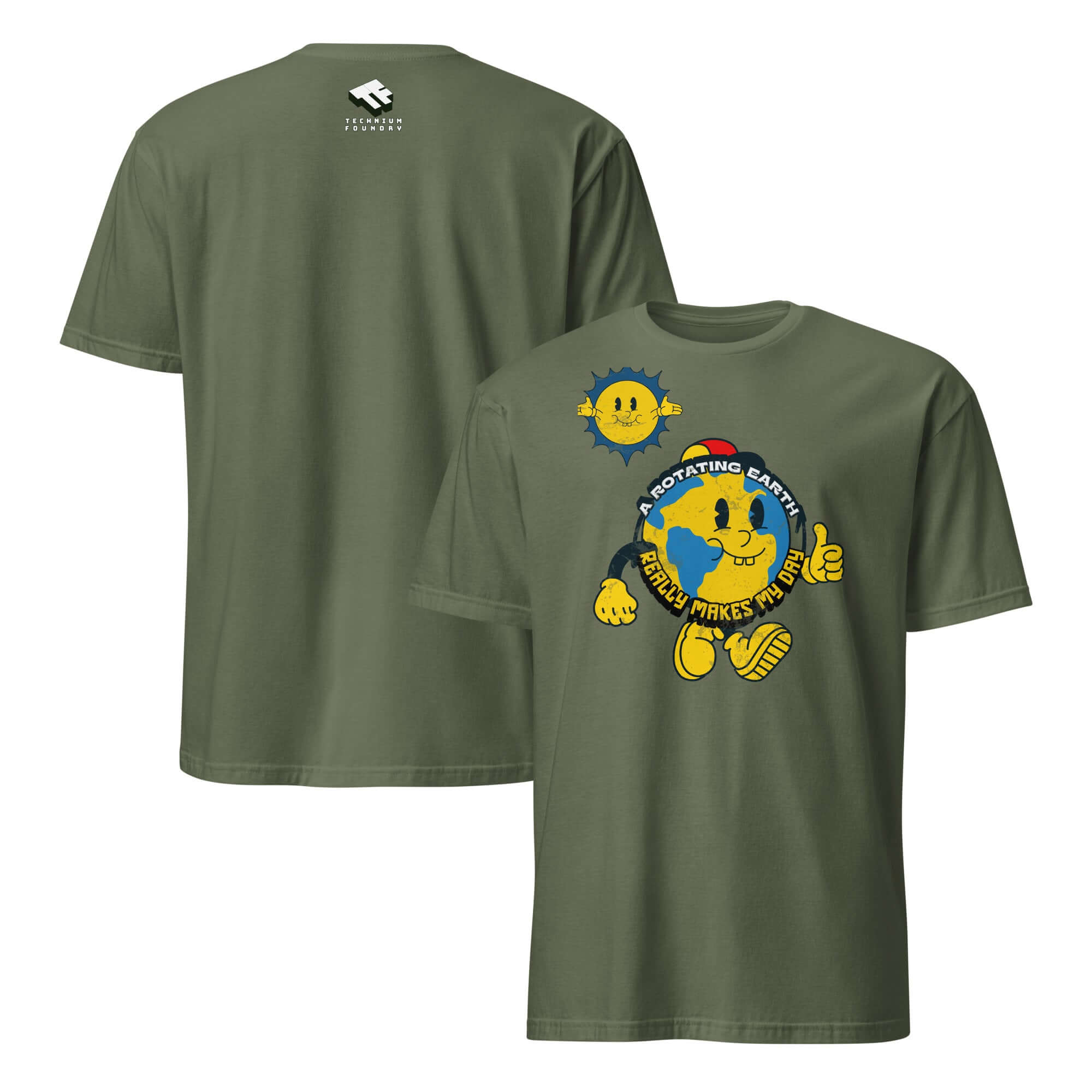 Green t-shirt featuring a cartoon Earth with thumbs up and text 'A Rotating Earth Really Makes My Day!' from Cheerful Planet Apparel.