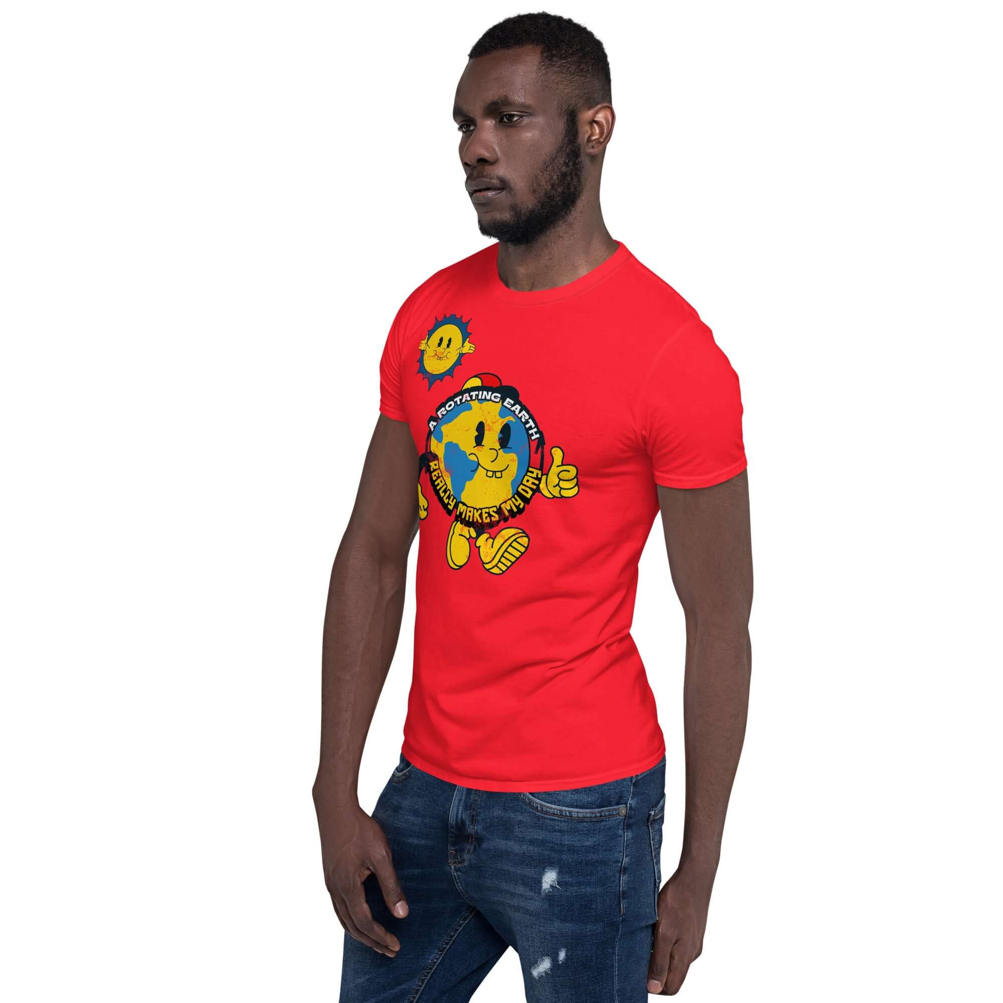 Man wearing "A Rotating Earth Really Makes My Day" red t-shirt from Cheerful Planet Apparel, featuring cartoon Earth character.