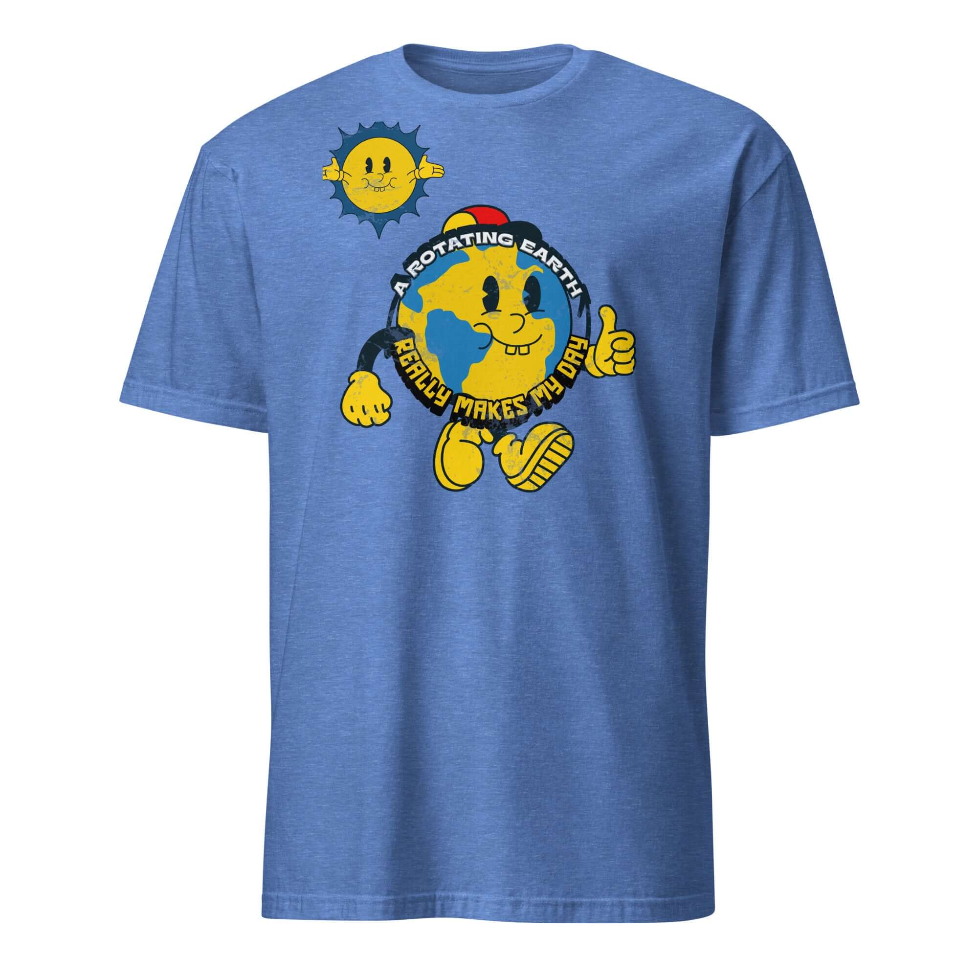 Blue t-shirt featuring cartoon Earth character with thumbs up and sun, "A Rotating Earth Really Makes My Day" text from Cheerful Planet Apparel.