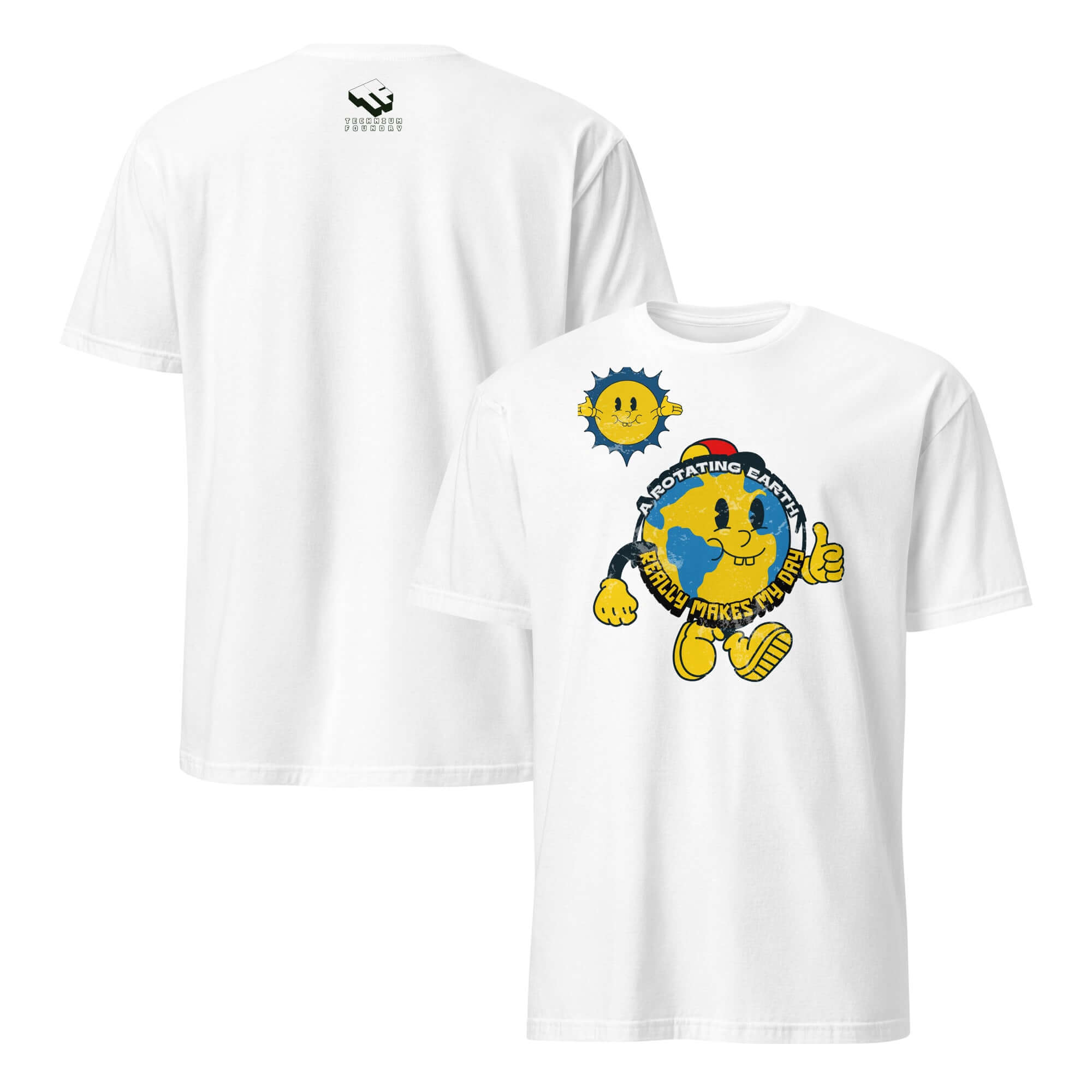 White t-shirt with cheerful cartoon Earth and sun design, text "A Rotating Earth Really Makes My Day", by Cheerful Planet Apparel.