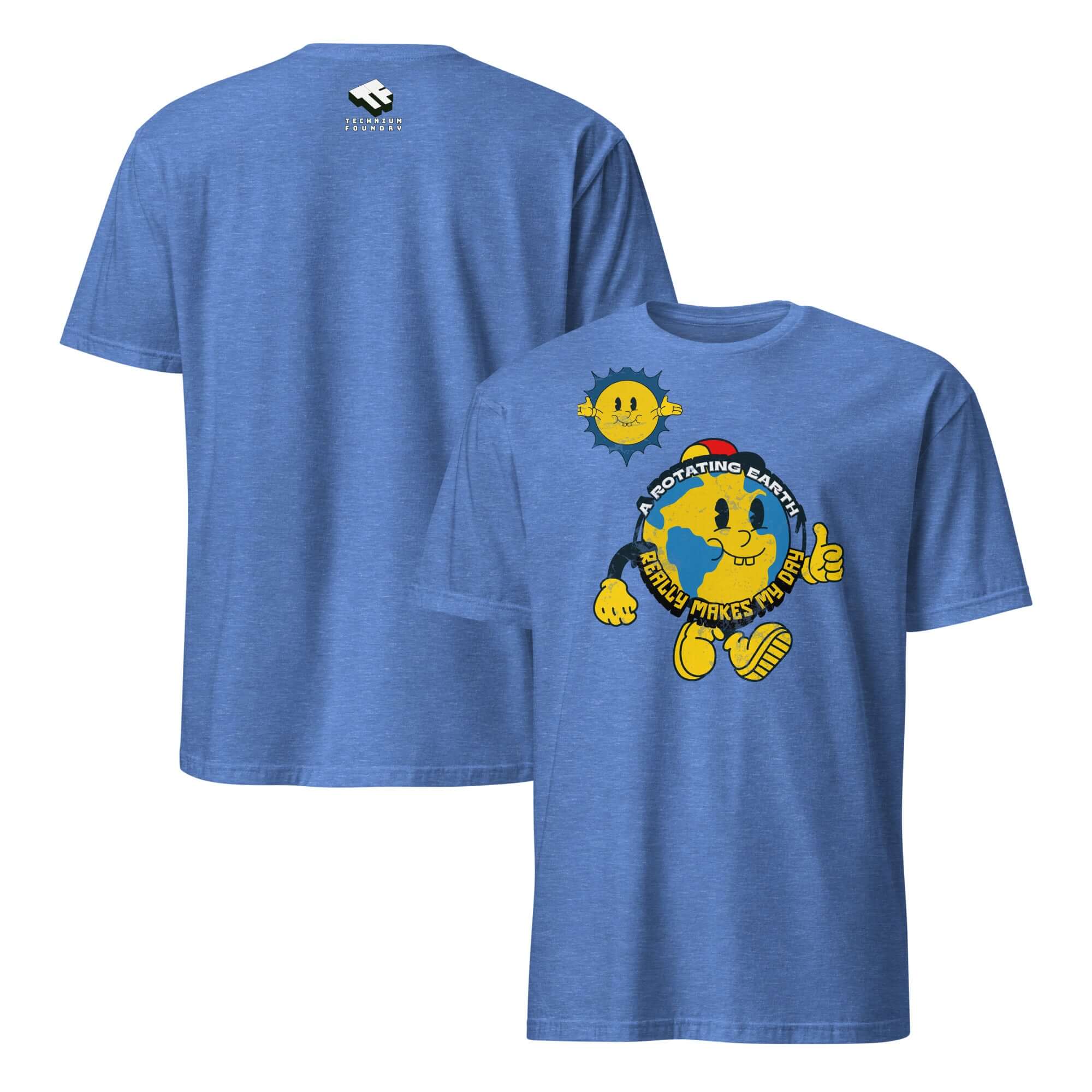 Blue t-shirt featuring a spinning Earth cartoon with thumbs up, "A Rotating Earth Really Makes My Day" slogan by Cheerful Planet Apparel.