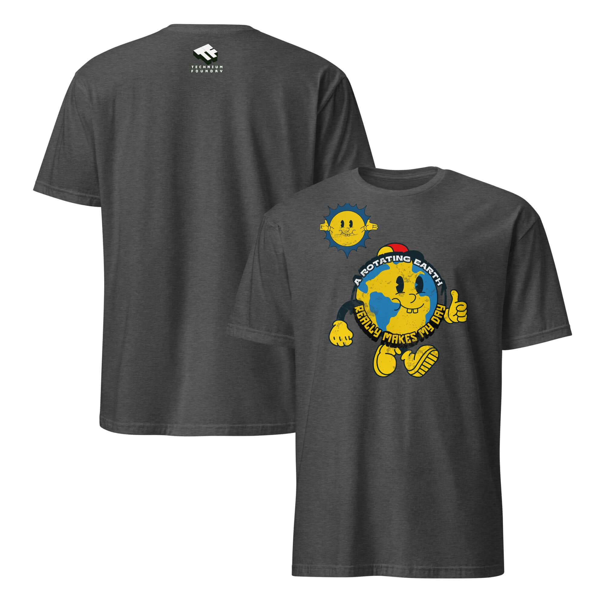 Gray T-shirt featuring a cheerful cartoon Earth character with thumbs up, celebrating Earth's rotation. Text: 'A Rotating Earth Really Makes My Day!'