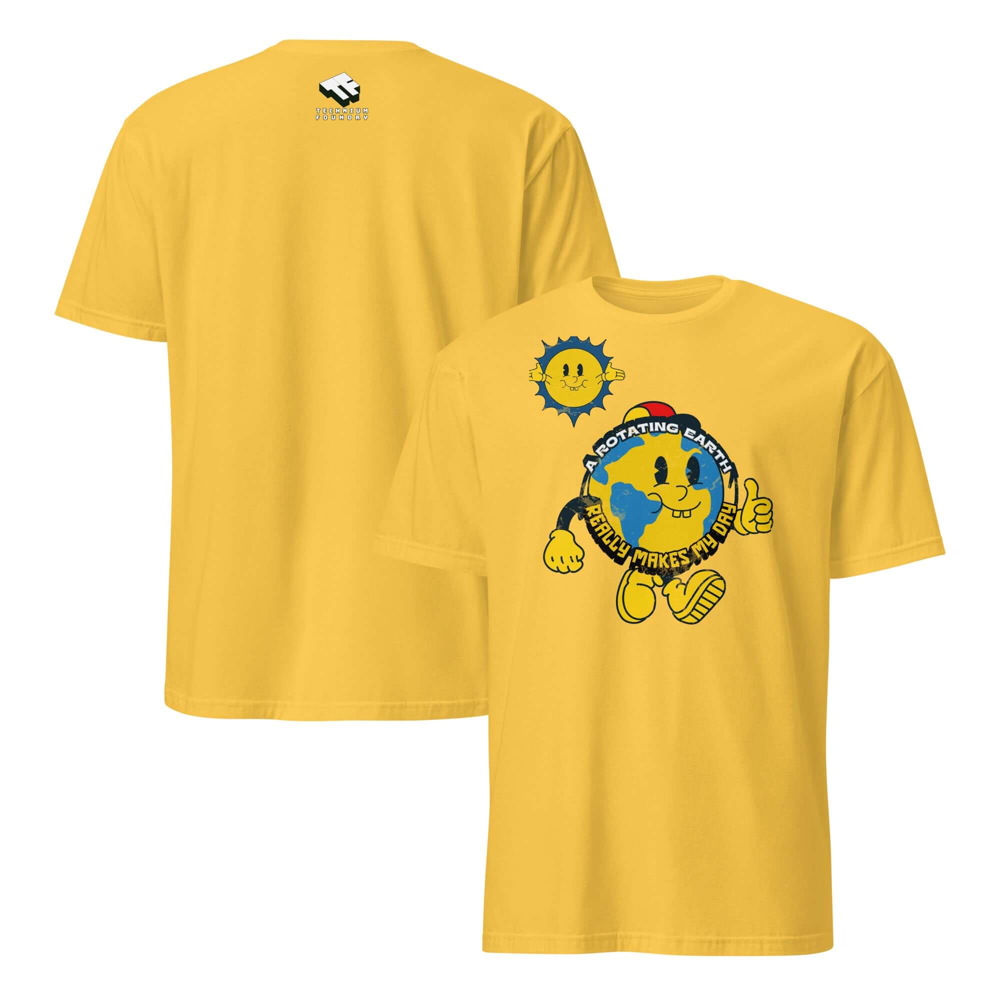 Yellow t-shirt with cartoon Earth giving thumbs up, "A Rotating Earth Really Makes My Day" design by Cheerful Planet Apparel.