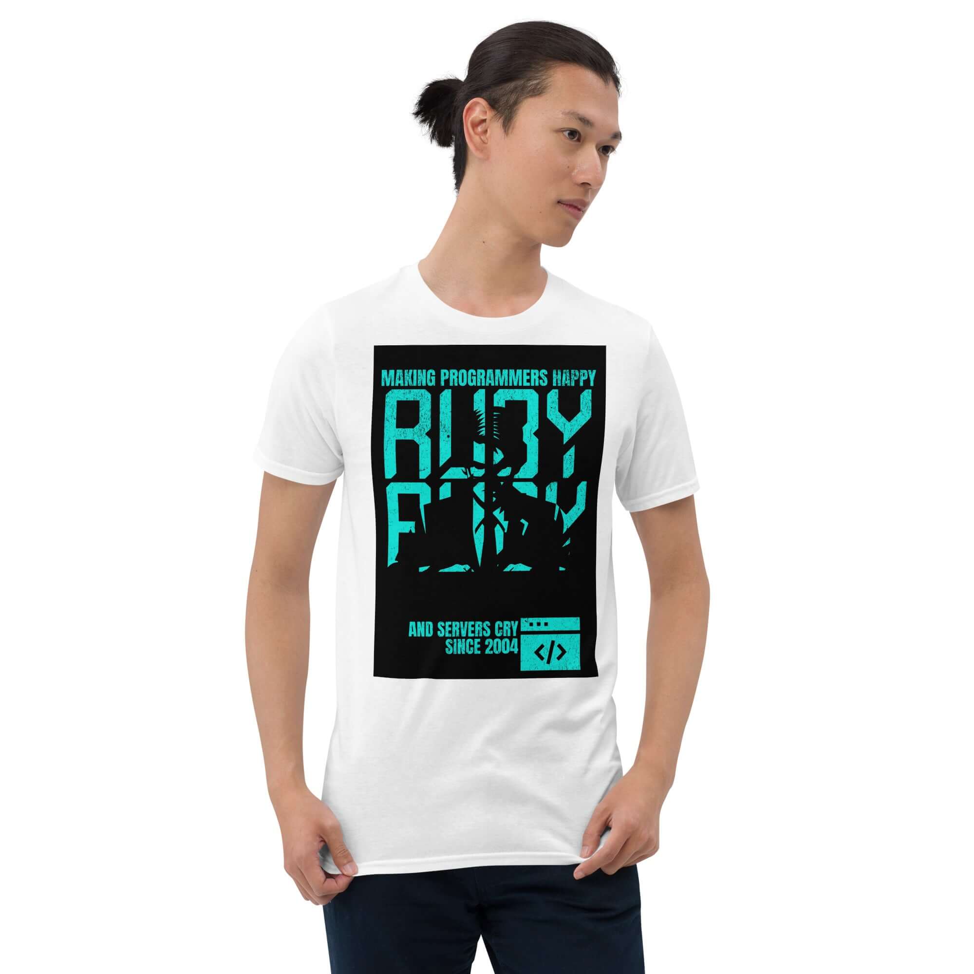 Man wearing Ruby Programming T-Shirt with 'Making Programmers Happy and Servers Cry' graphic in teal and black design.