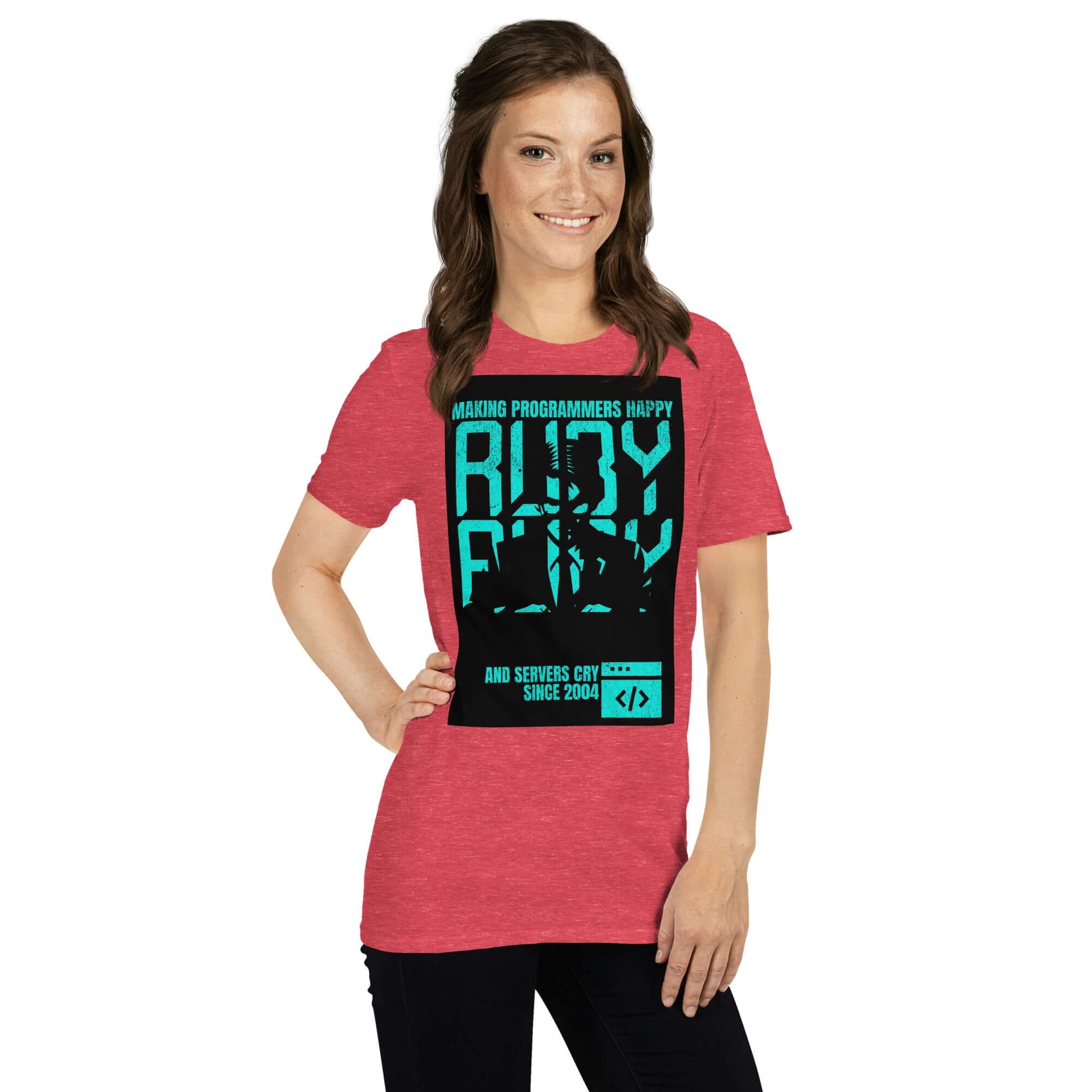 Person wearing Ruby Programming T-Shirt with 'Making Programmers Happy, Servers Cry' neon teal design on black backdrop.