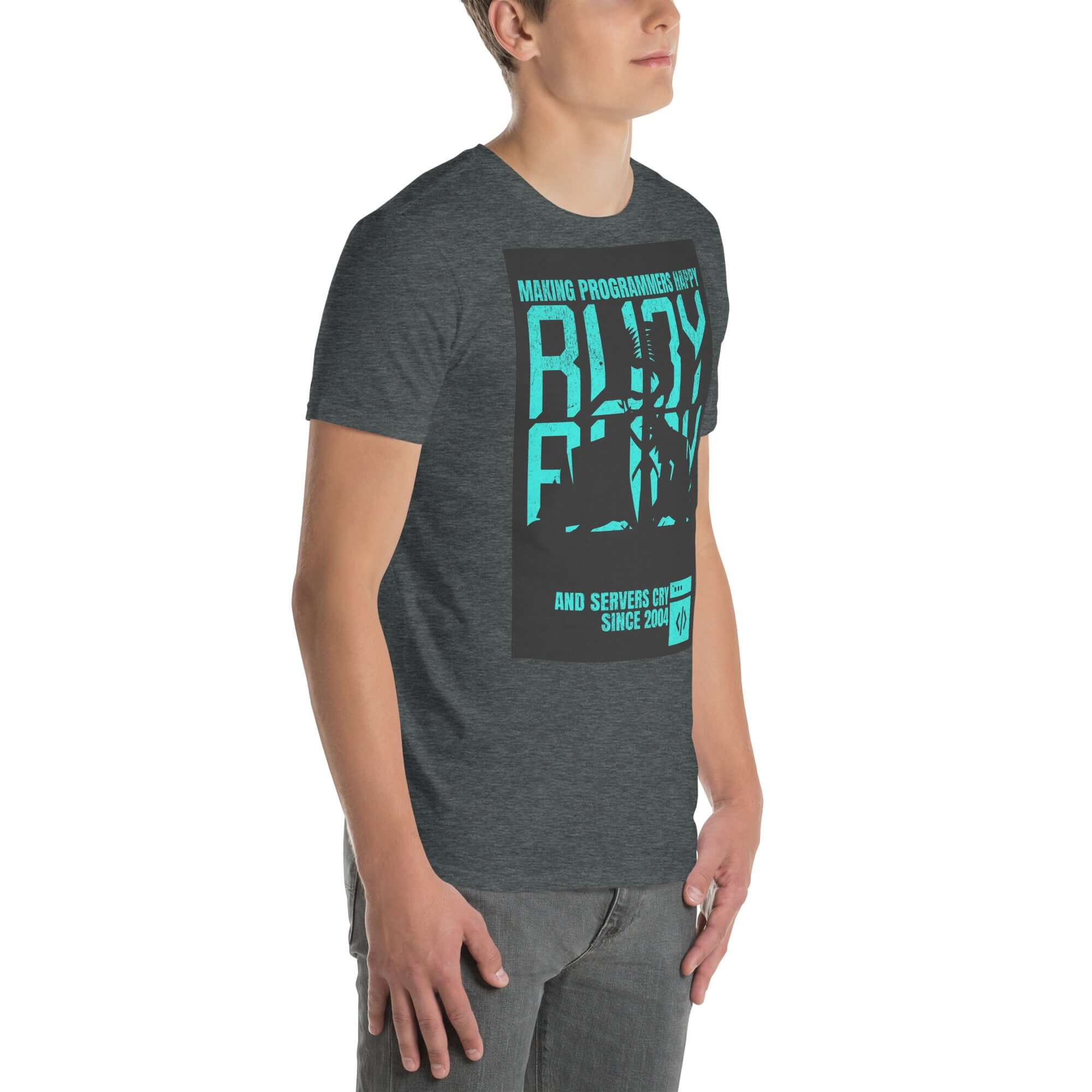 Man wearing a Ruby Programming T-Shirt with teal text design, highlighting 'Making Programmers Happy and Servers Cry' on dark fabric.