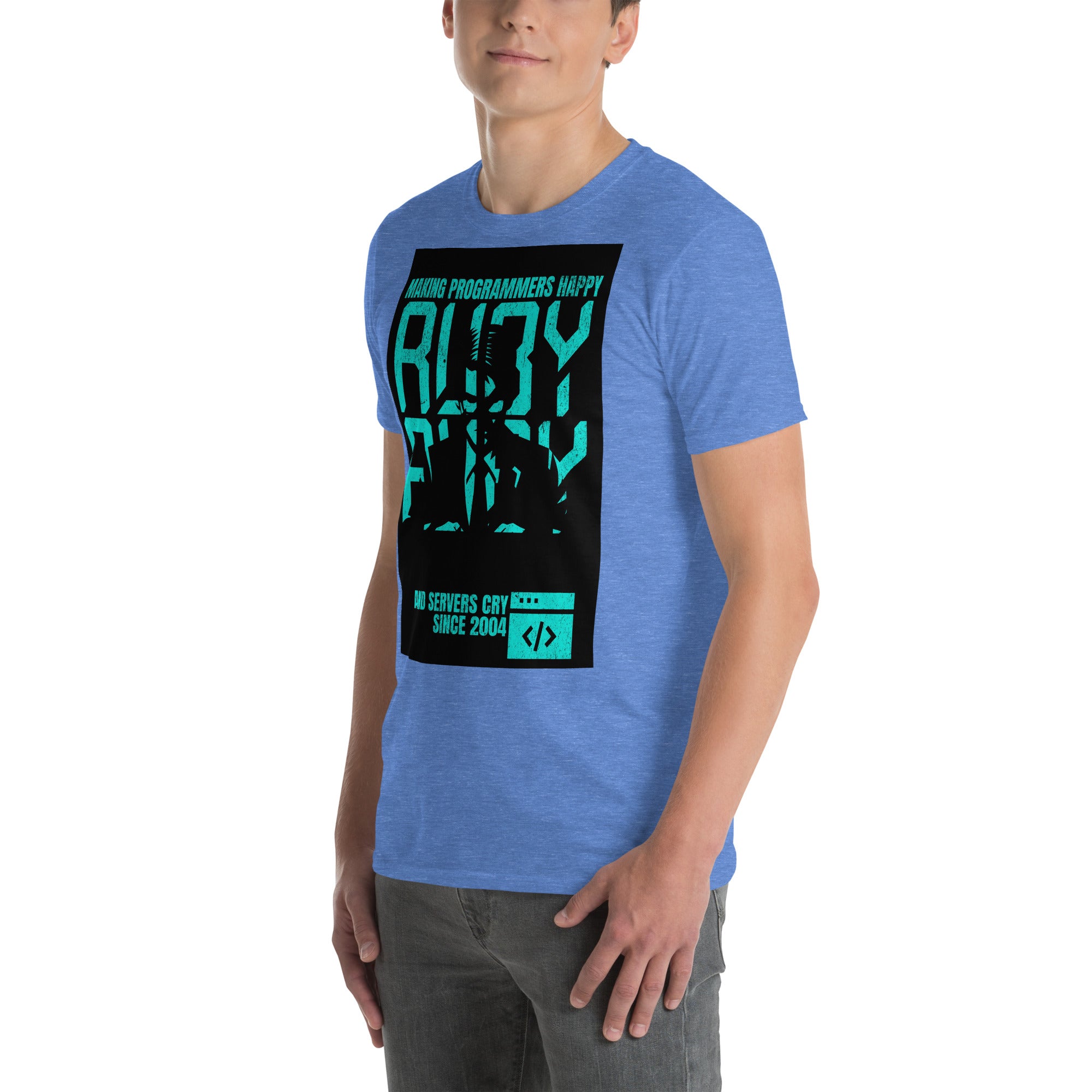 Man wearing Ruby Programming T-Shirt with teal text on black background, "Making Programmers Happy, Servers Cry" design in neon style.