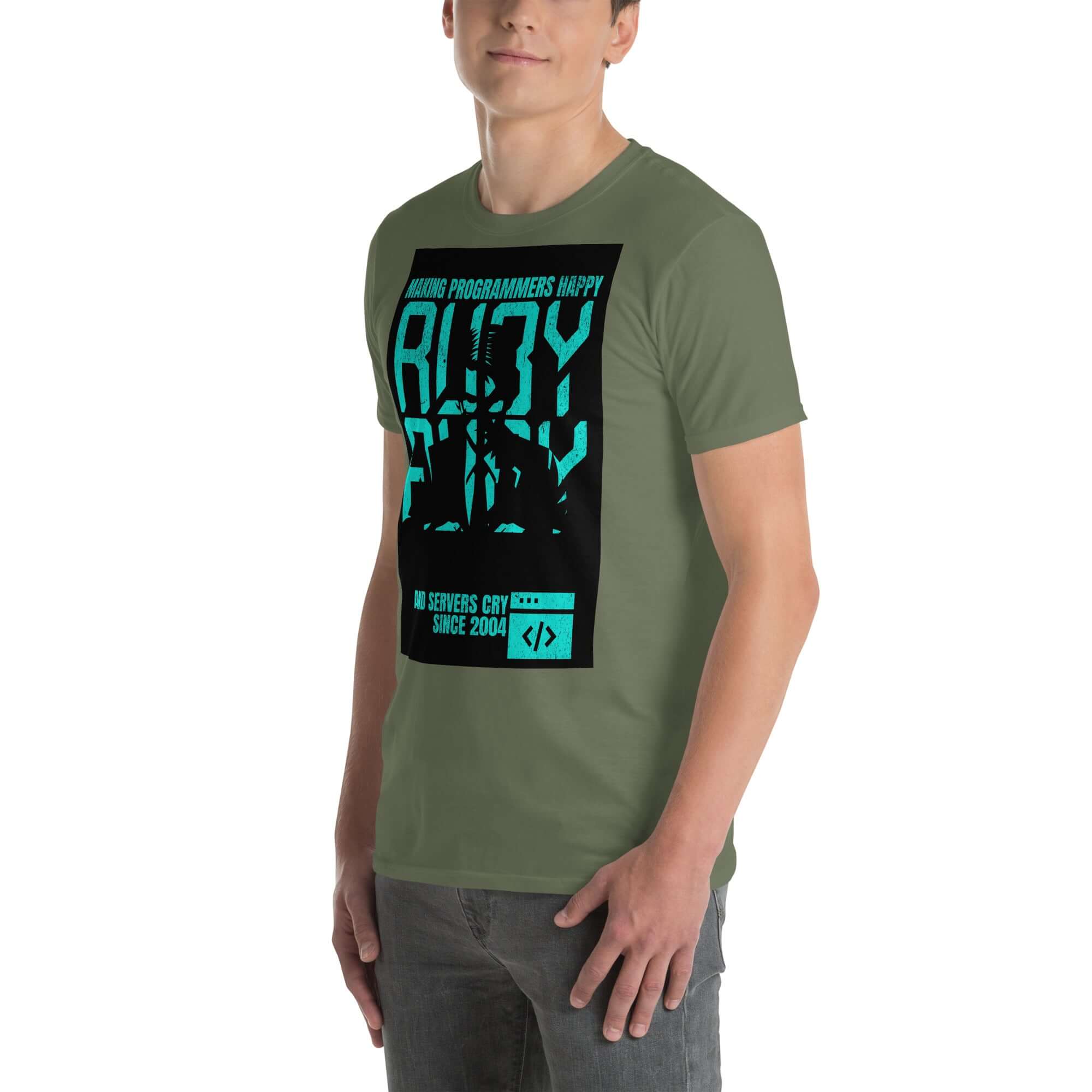 Man wearing Ruby Programming T-Shirt with neon design, "Making Programmers Happy & Servers Cry" message on olive background.