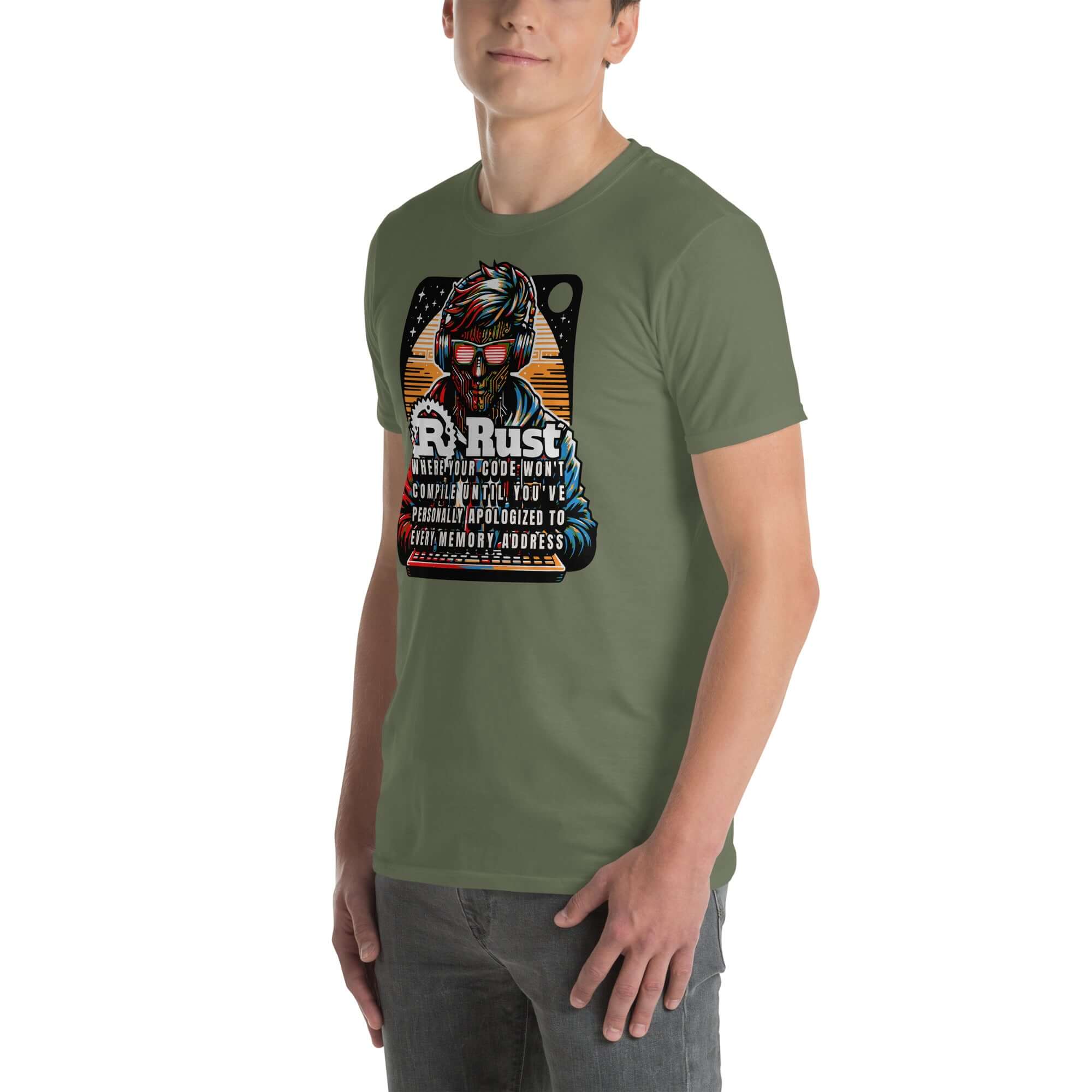 Rust Programming T-Shirt featuring cyberpunk design with a digital deity, coder humor, and memory safety theme.