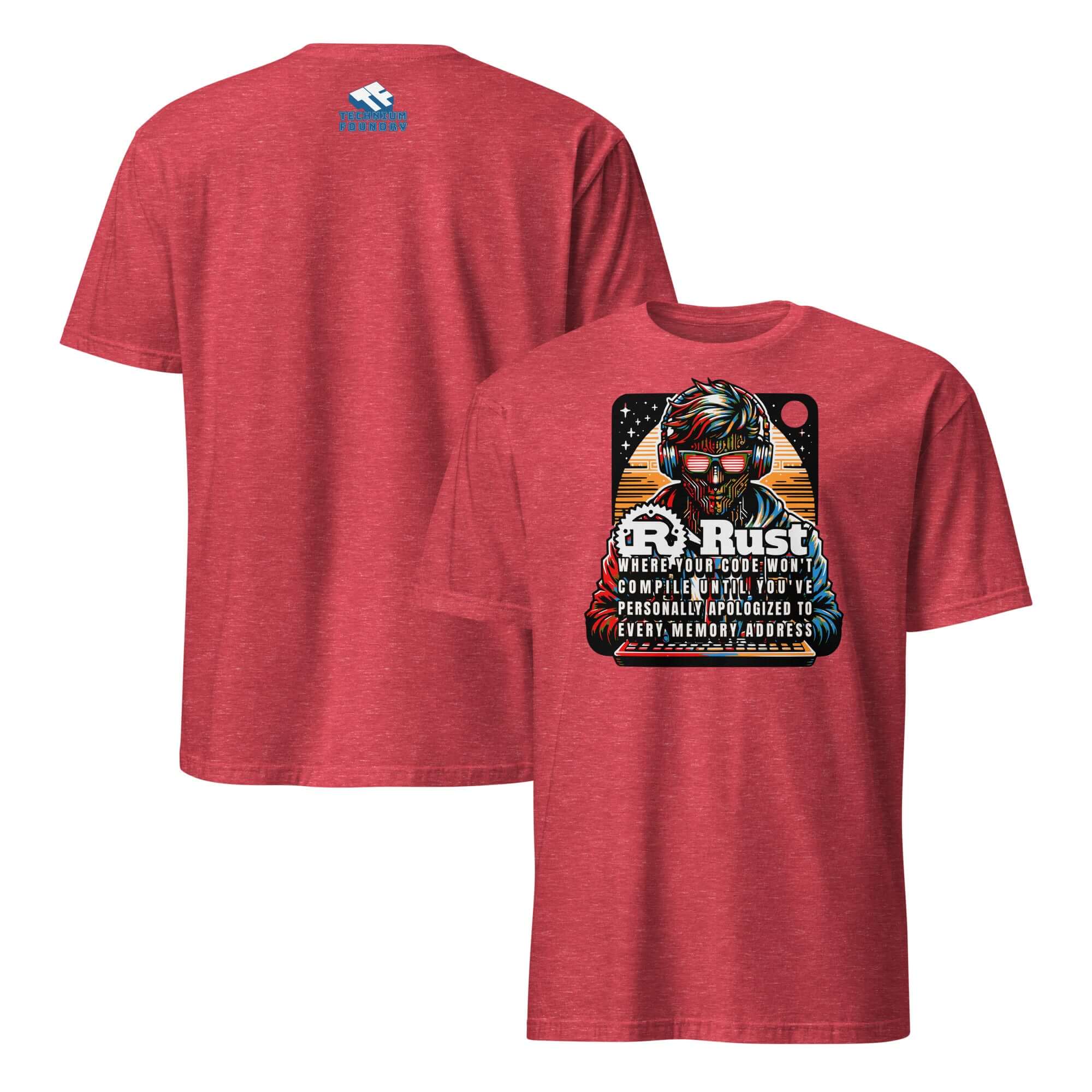 Red Rust Programming T-Shirt featuring a cyberpunk design with a digital deity in shutter-shade glasses, ideal for coder humor lovers.