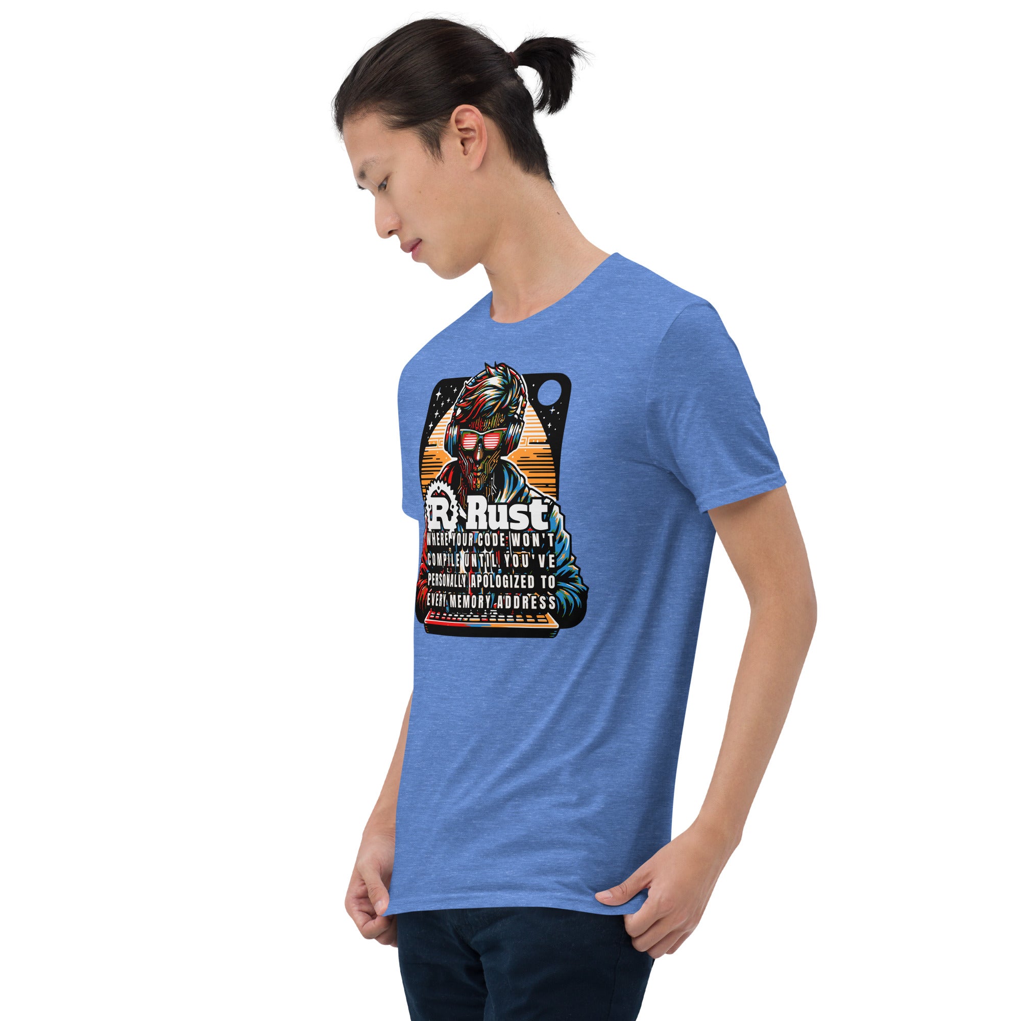 Rust Programming T-Shirt featuring a cyberpunk design with a code-inspired circuit deity, perfect for coder humor and memory safety.