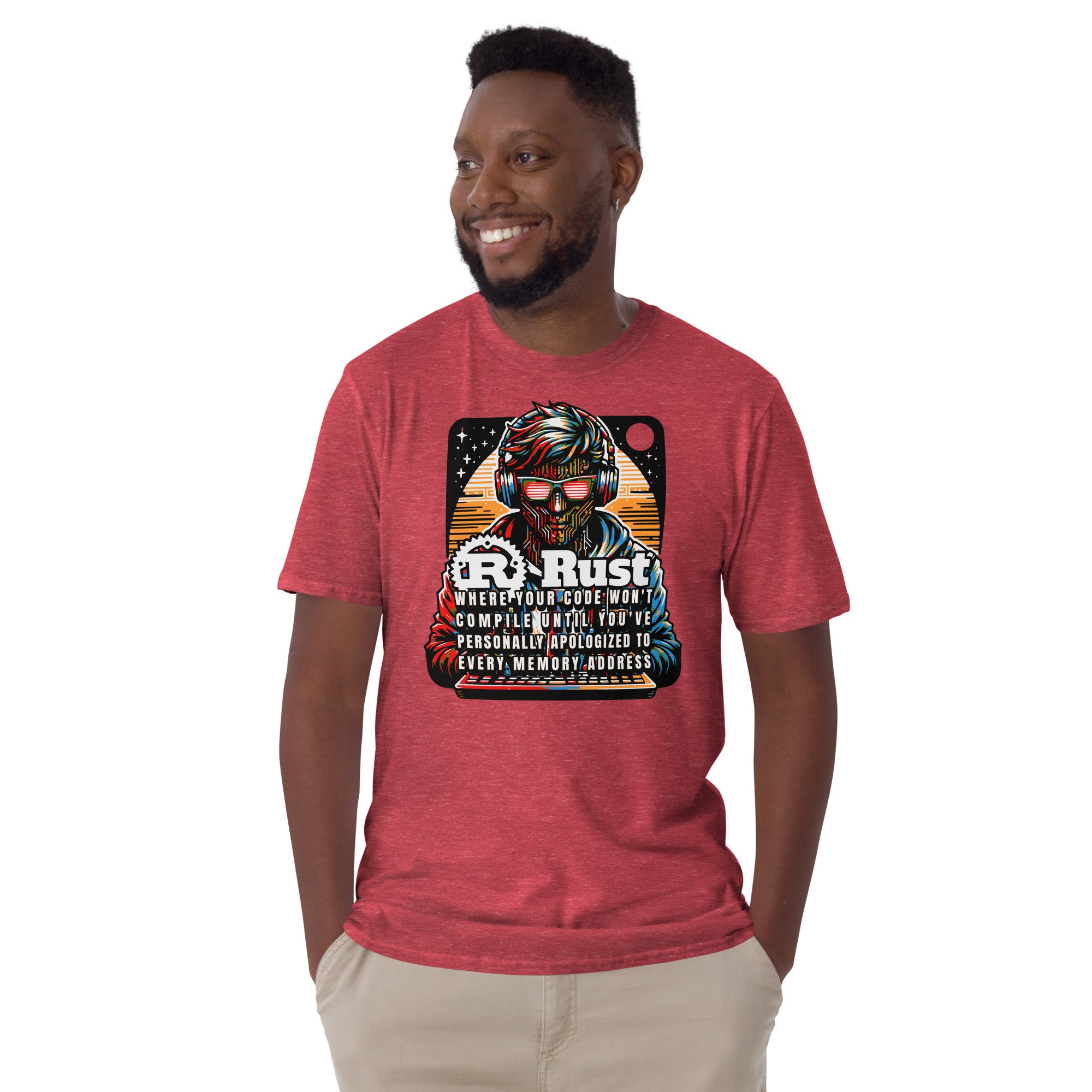 Man wearing red cyberpunk Rust programming T-shirt with memory safety design and coder humor graphic.