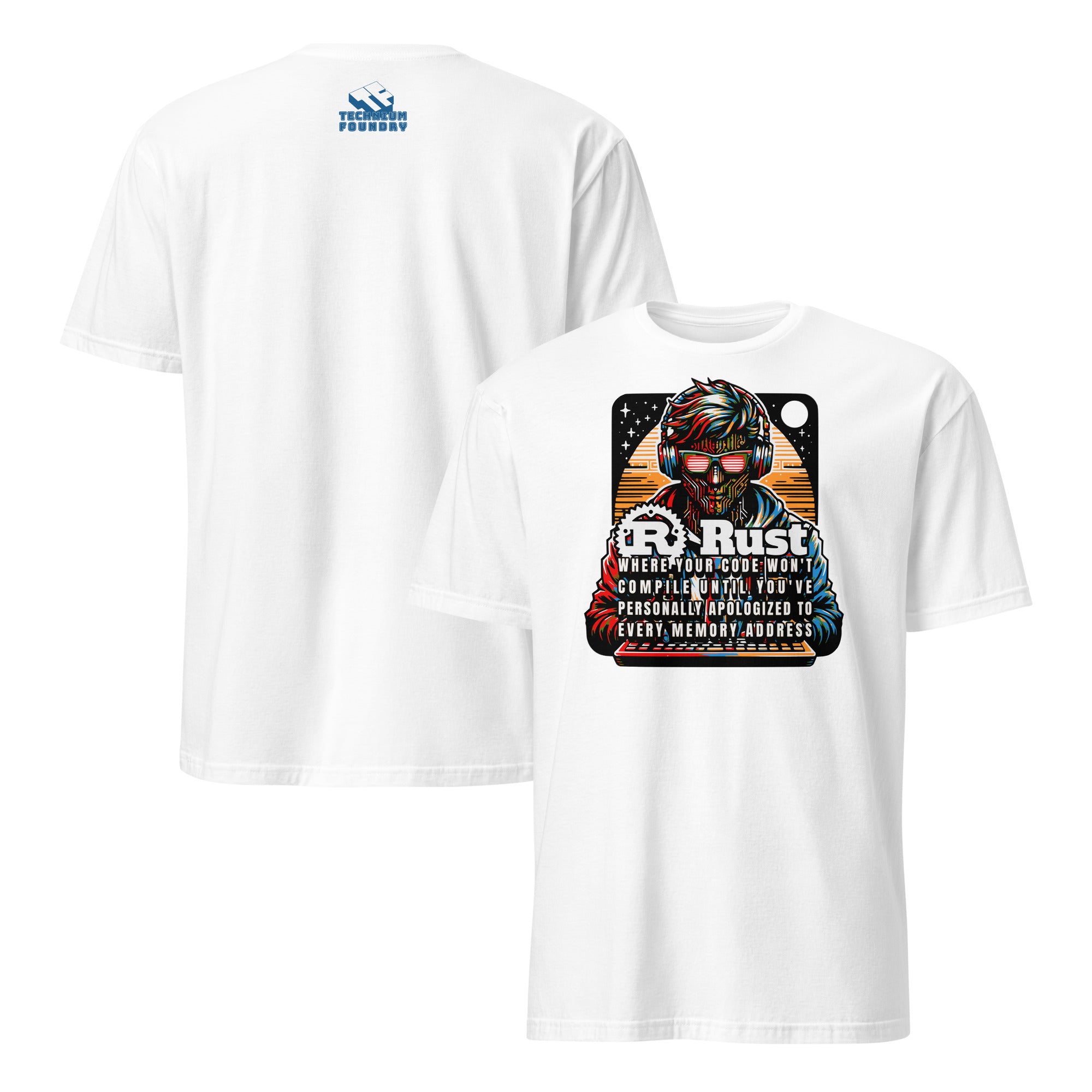 White T-shirt with a cyberpunk design featuring a half-human, half-circuit coder wearing shutter-shade glasses, showcasing Rust memory safety themes.