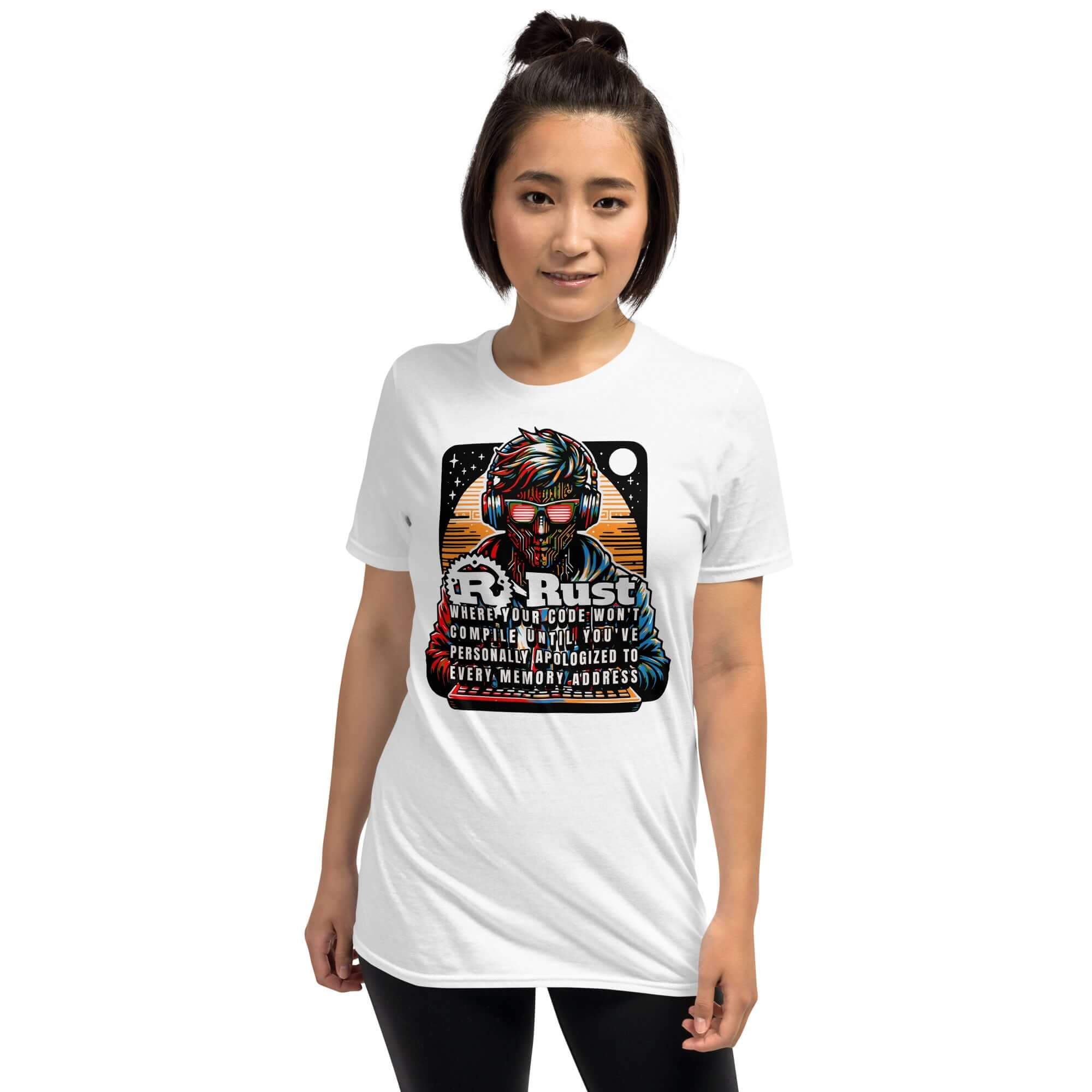 Cyberpunk Rust Programming T-shirt featuring a digital deity design with coder humor, inspired by synthwave and memory safety themes.