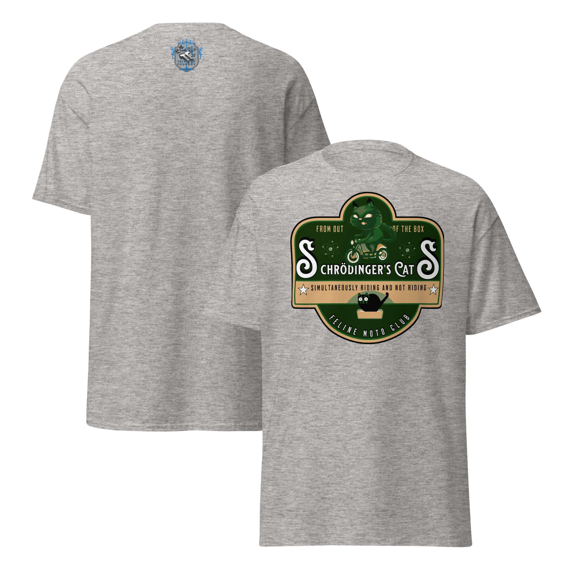 Schrödinger's Cats Motorcycle Club T-Shirt with green cat emblem on gray fabric, Quantum Physics biker tee design