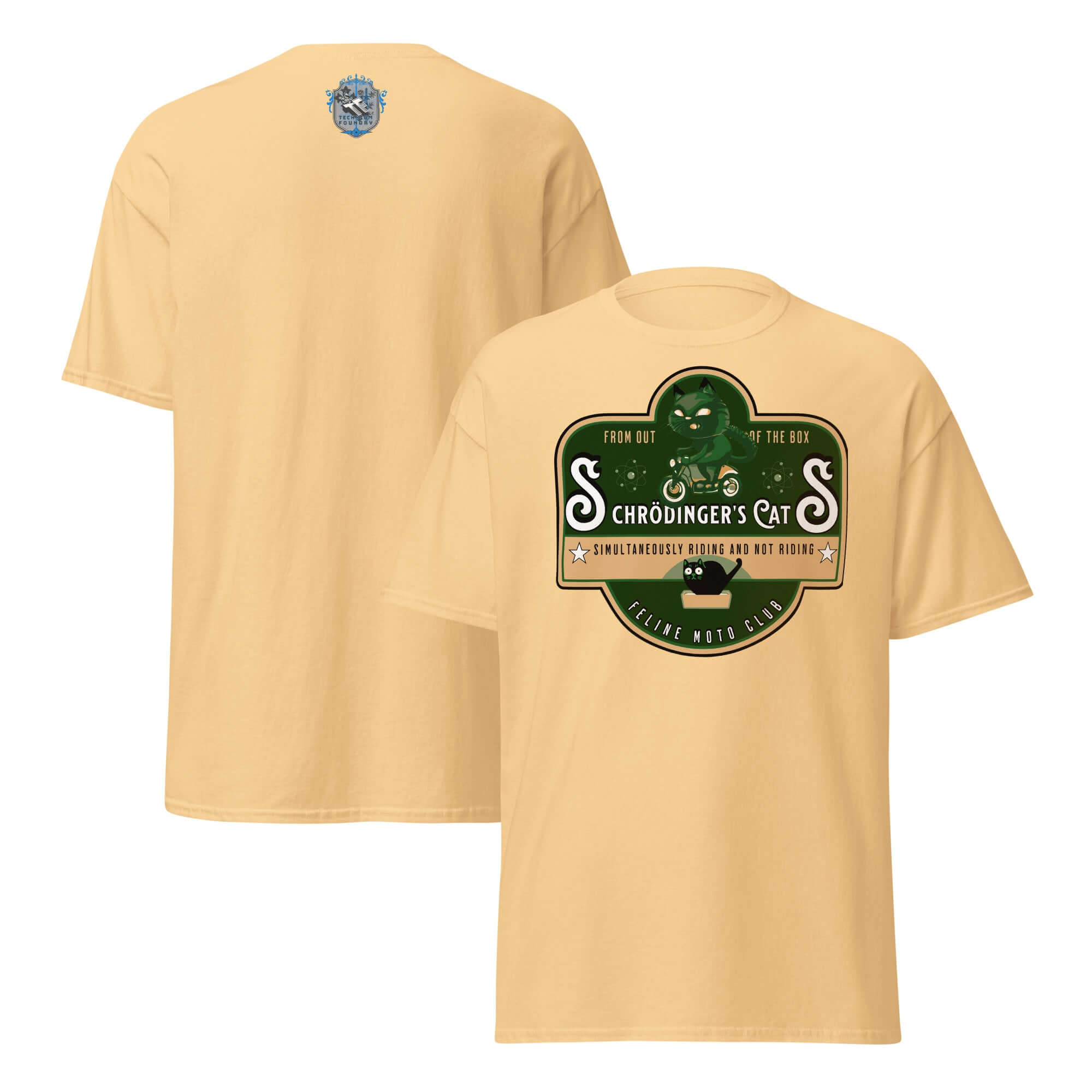 "Schrödinger's Cats" Motorcycle Club T-Shirt featuring green cat on a motorcycle emblem for quantum physics enthusiasts.