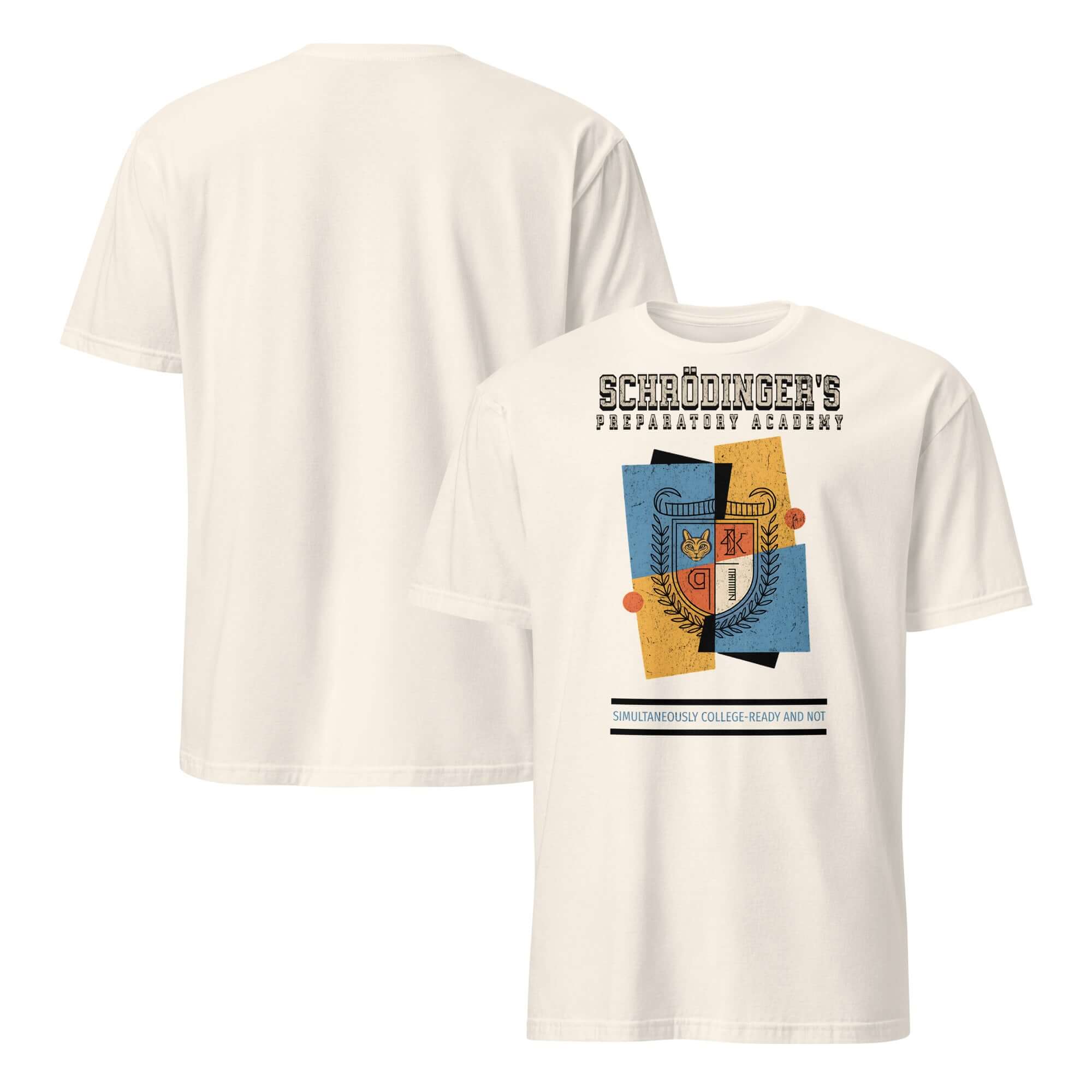 Schrödinger's Preparatory Academy T-Shirt with crest, quantum physics high school humor, academic paradox themed design.