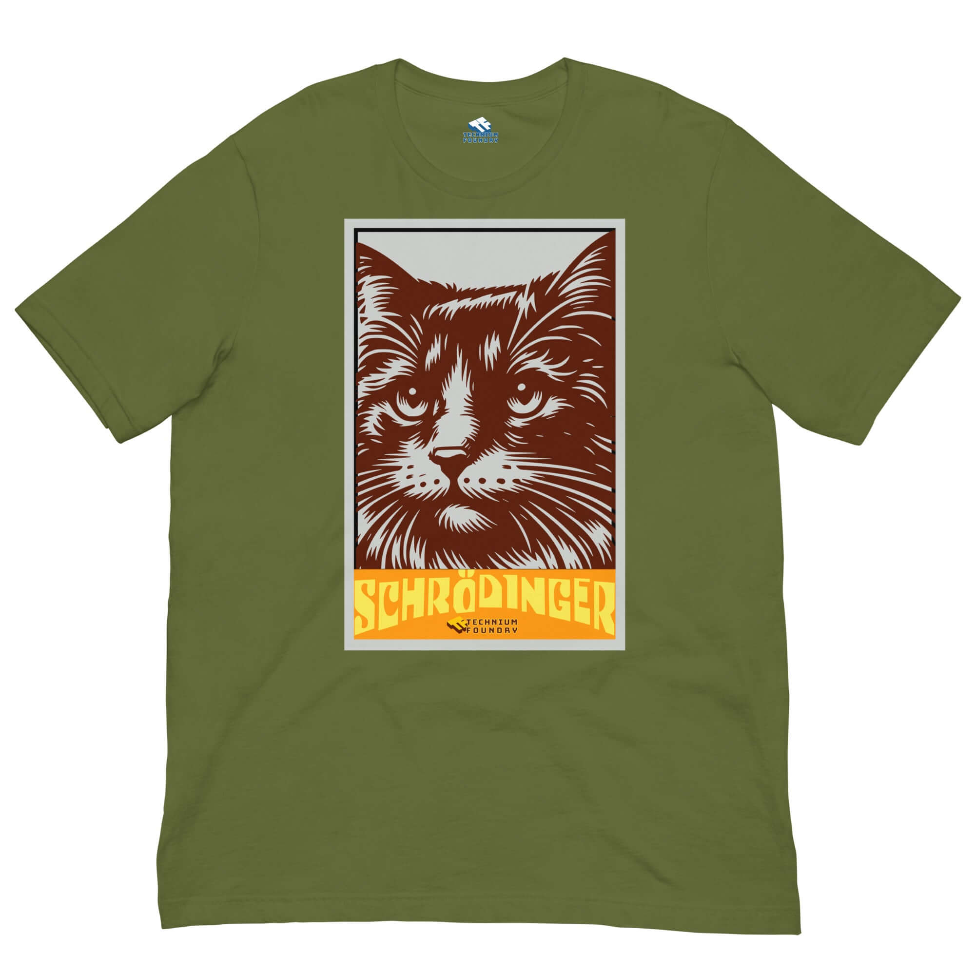 Schrödinger's Cat T-Shirt with a retro-style feline graphic, featuring the famous quantum superposition thought-experiment cat design.
