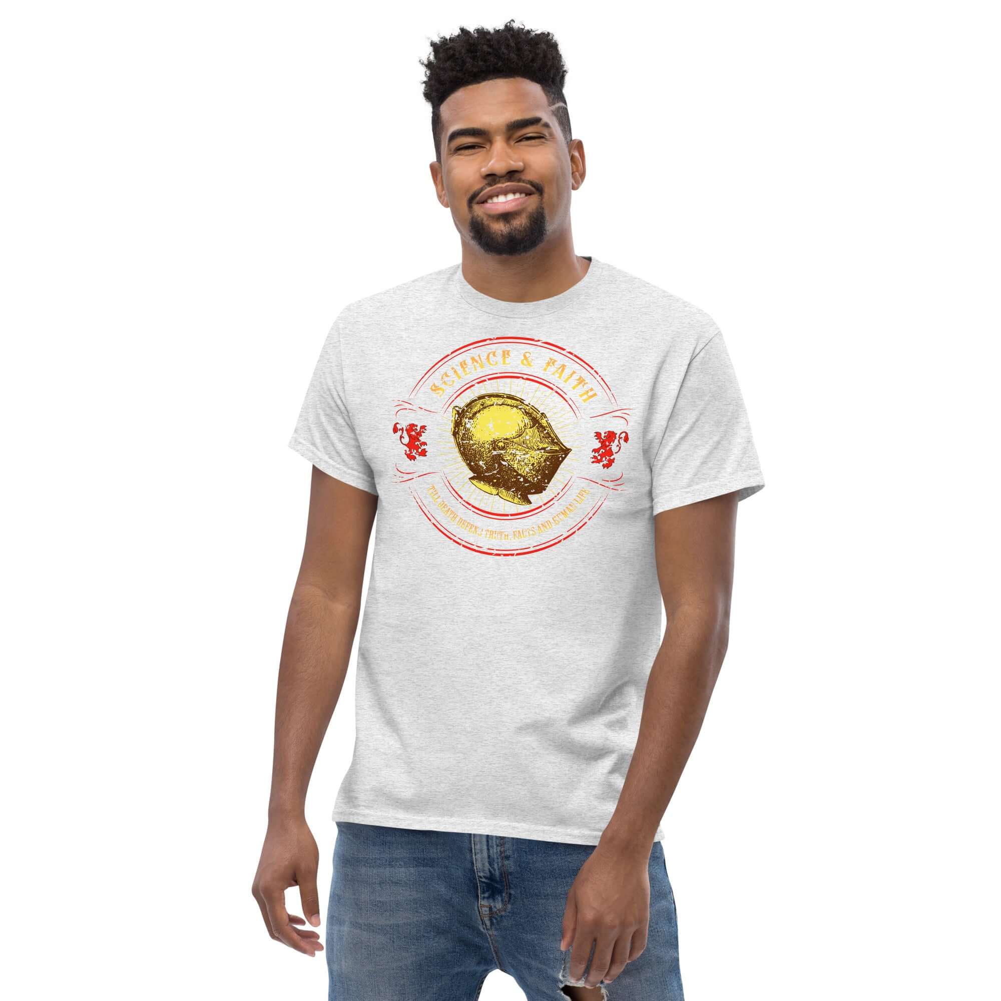 Man wearing Science & Faith Medieval Knight T-Shirt featuring helmet design, symbolizing fusion of intellectual curiosity and historical intrigue.