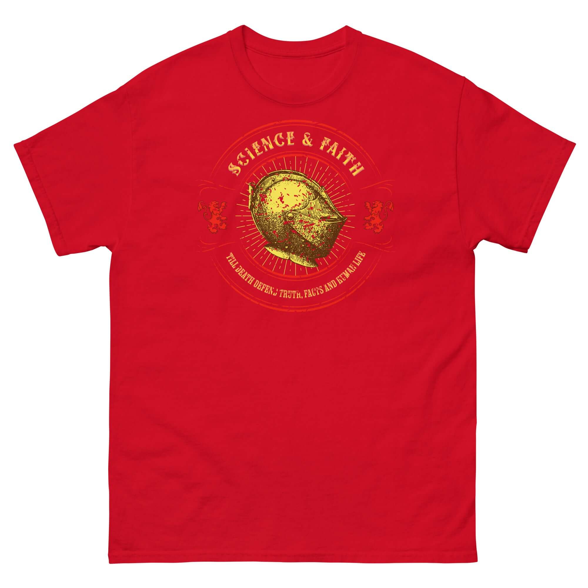 Science & Faith Medieval Knight T-Shirt in red with a knight helmet design, blending intellectual and historical themes.