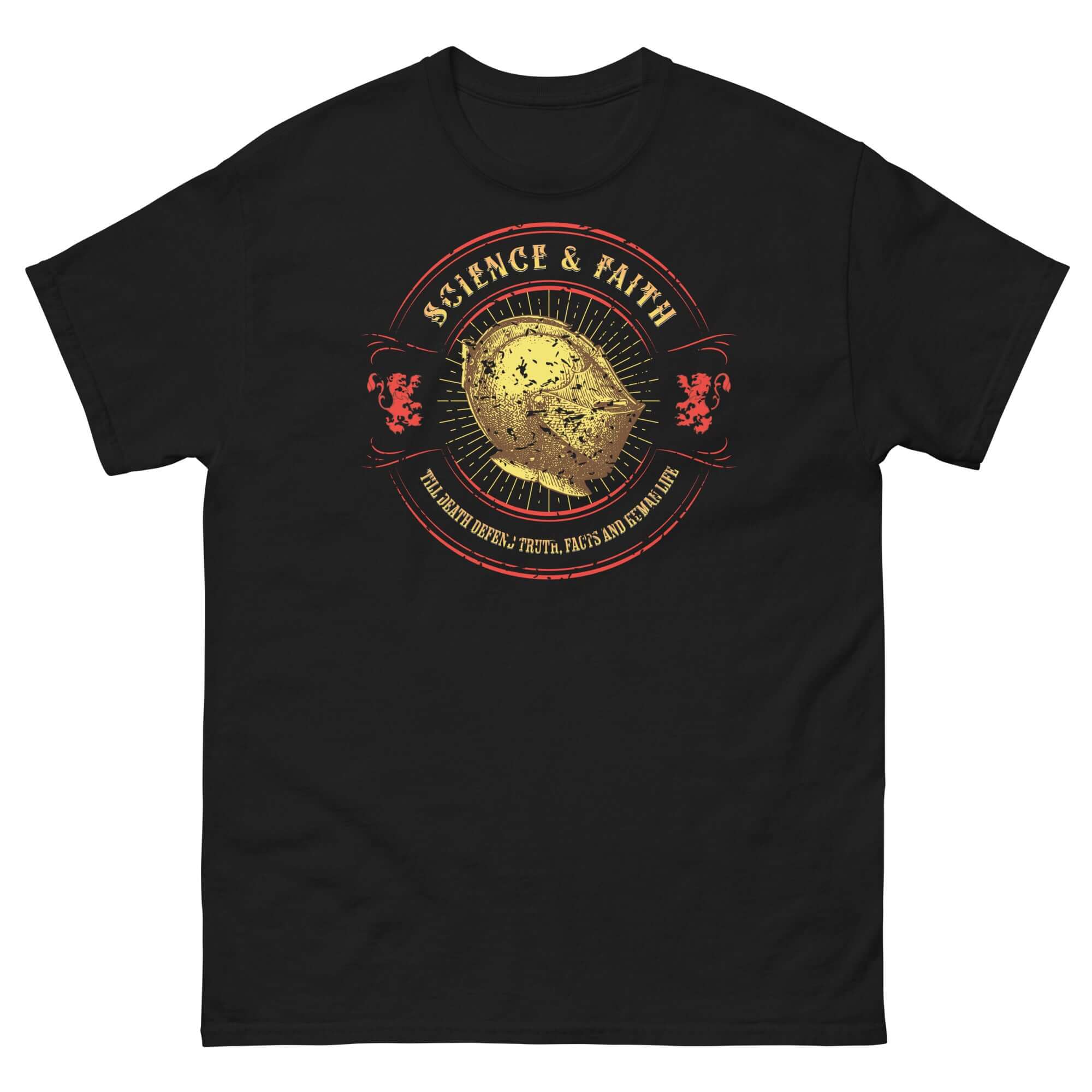 Medieval knight helmet t-shirt with "Science & Faith" design, blending Renaissance flair with intellectual curiosity.