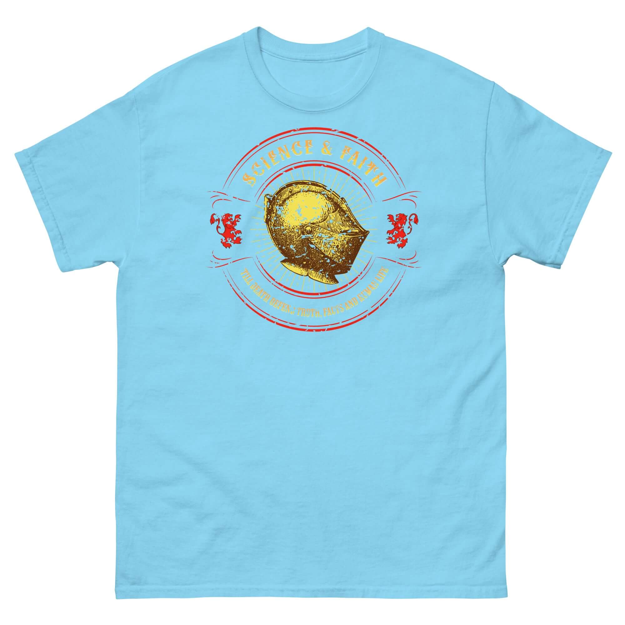 Science & Faith Medieval Knight T-Shirt with helmet design, perfect for Renaissance Faire fans and astrophysics enthusiasts.