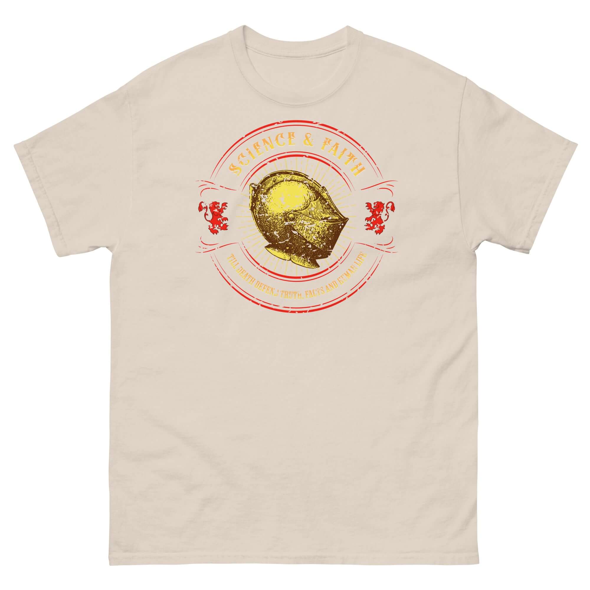 Science & Faith Medieval Knight T-Shirt featuring a knight's helmet with a red design, blending history with modern intellect.