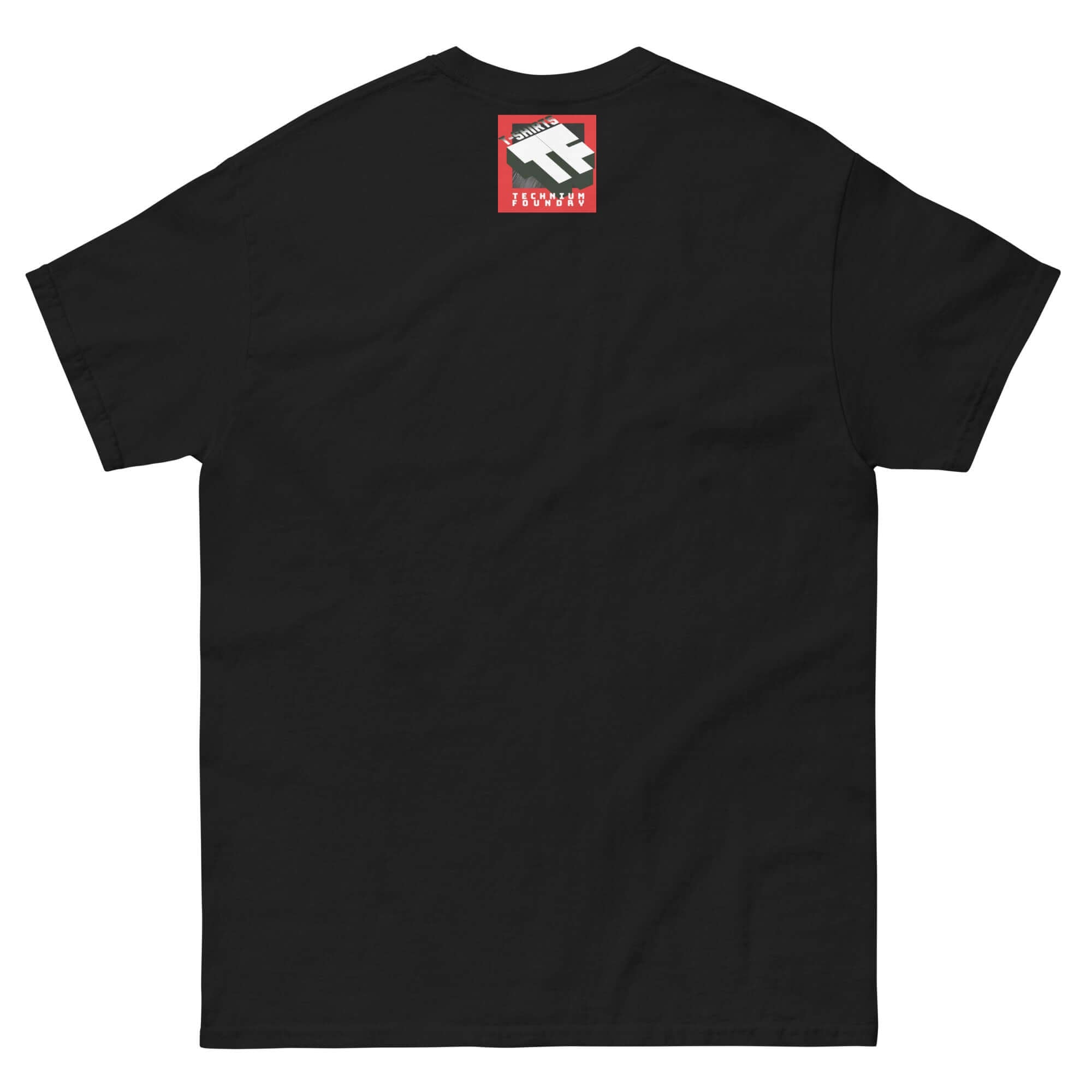 Black t-shirt with a small knight helmet graphic on the back, representing the blend of science and medieval themes.