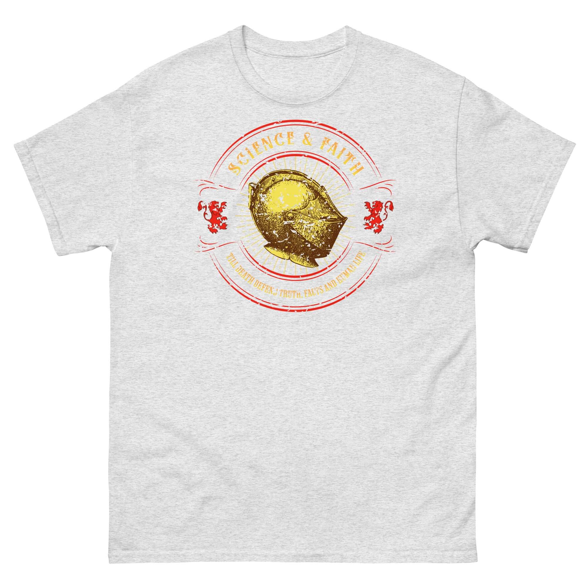 Science & Faith Medieval Knight T-Shirt featuring a golden knight's helmet, ideal for Renaissance Faire fans and science enthusiasts.