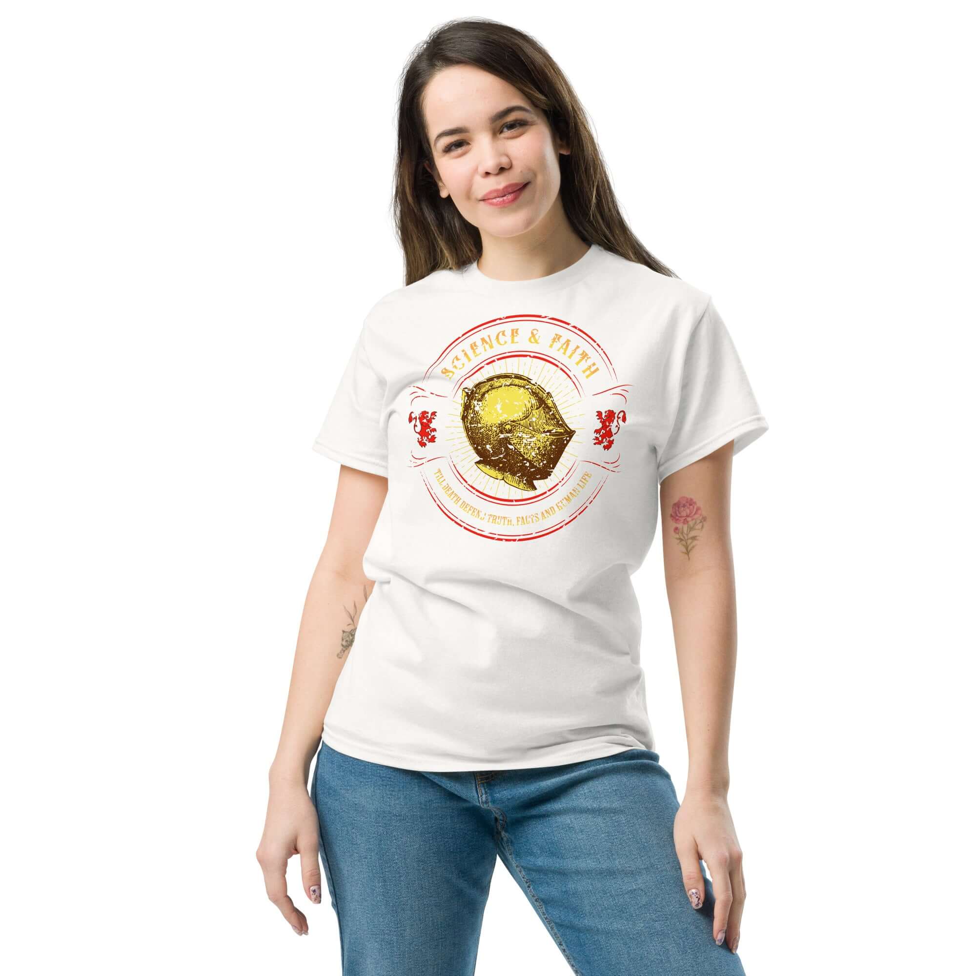 Woman wearing Science & Faith Medieval Knight T-Shirt, featuring a knight's helmet design, perfect for Renaissance Faire and science enthusiasts.