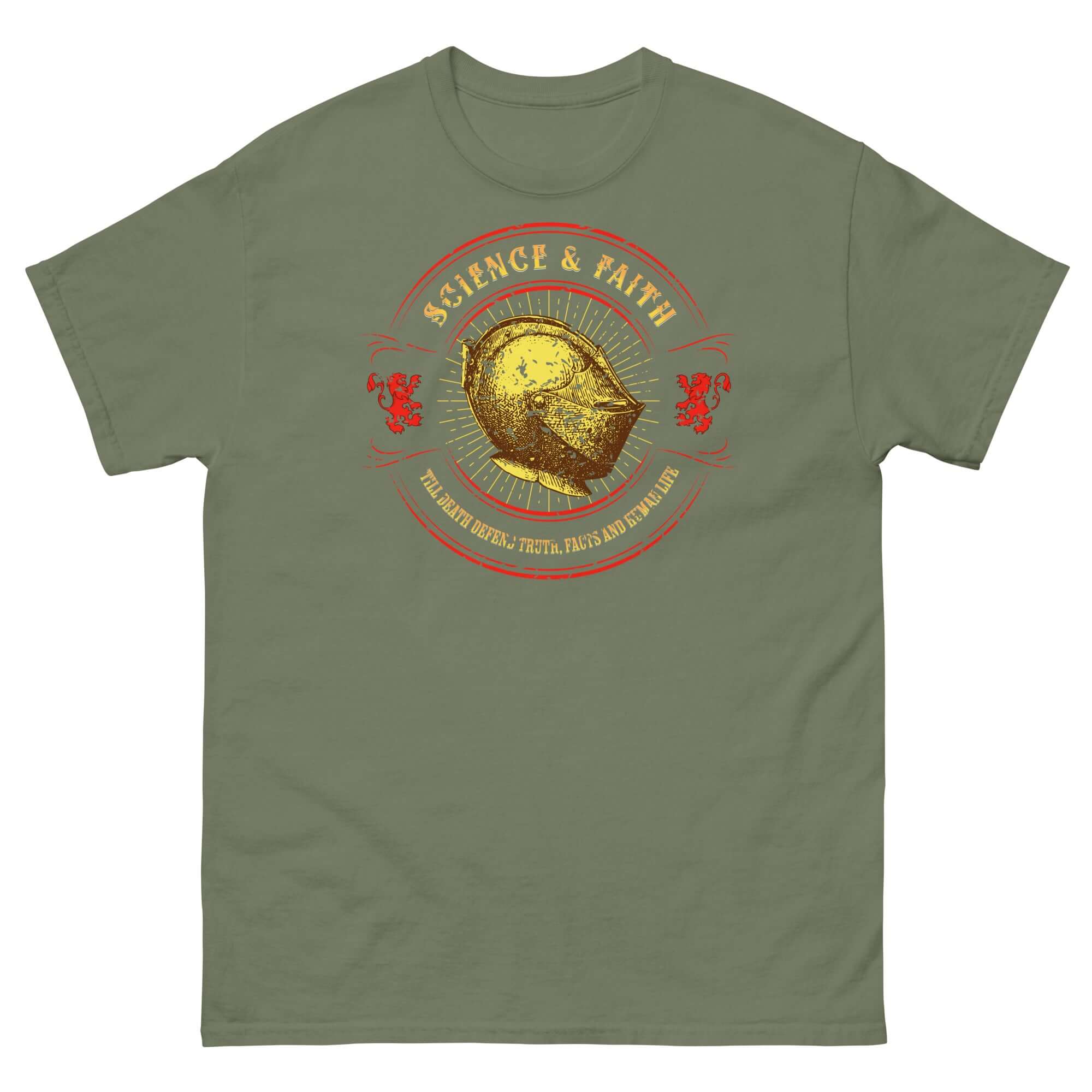 Science & Faith Medieval Knight T-Shirt with golden knight helmet design, ideal for Renaissance Faire and astrophysics enthusiasts.