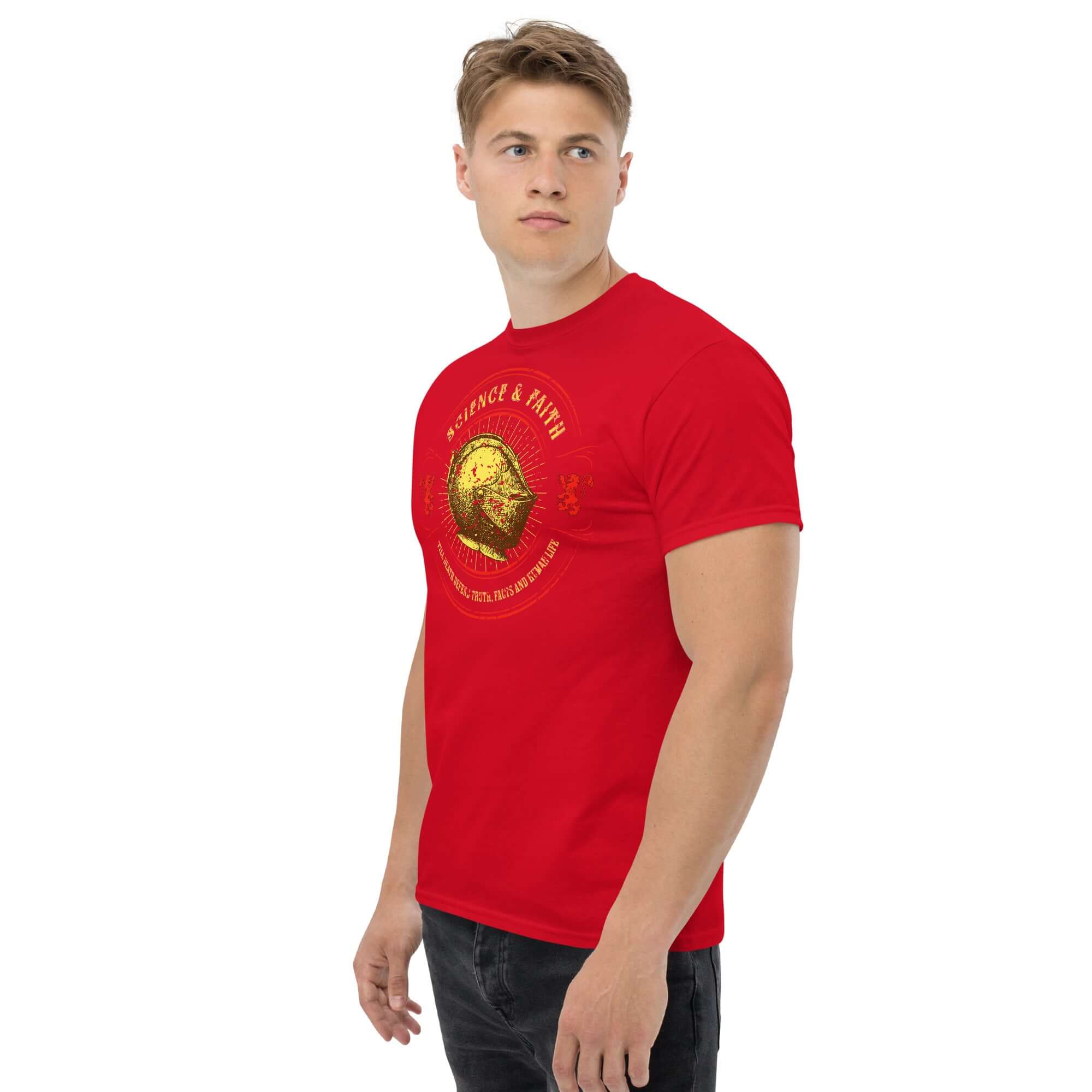 Red Science & Faith Medieval Knight T-Shirt featuring a knight's helmet design, perfect blend of Renaissance and modern intellectual style.