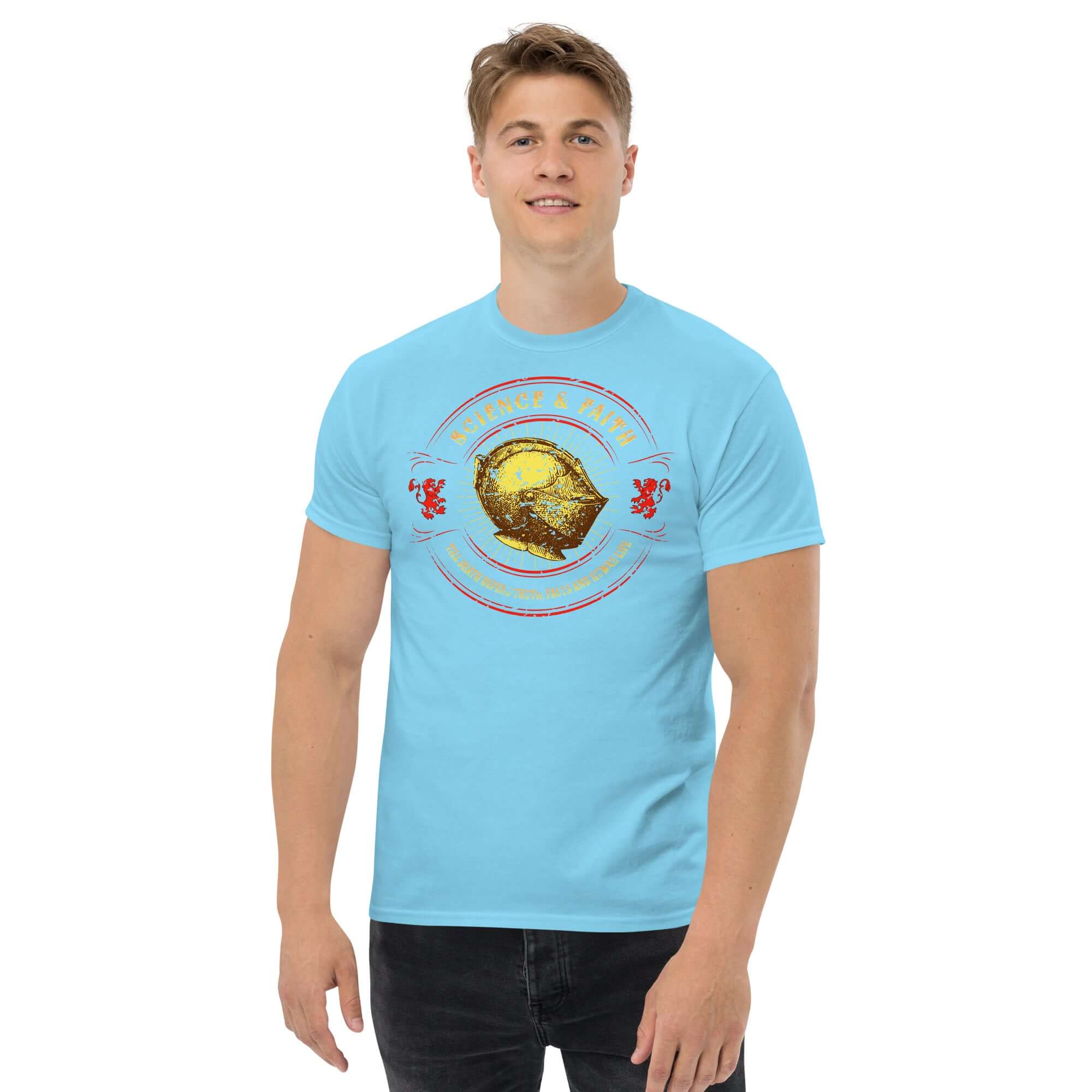 Man wearing Science & Faith Medieval Knight T-Shirt with helmet design, blending Renaissance style and modern intellect.