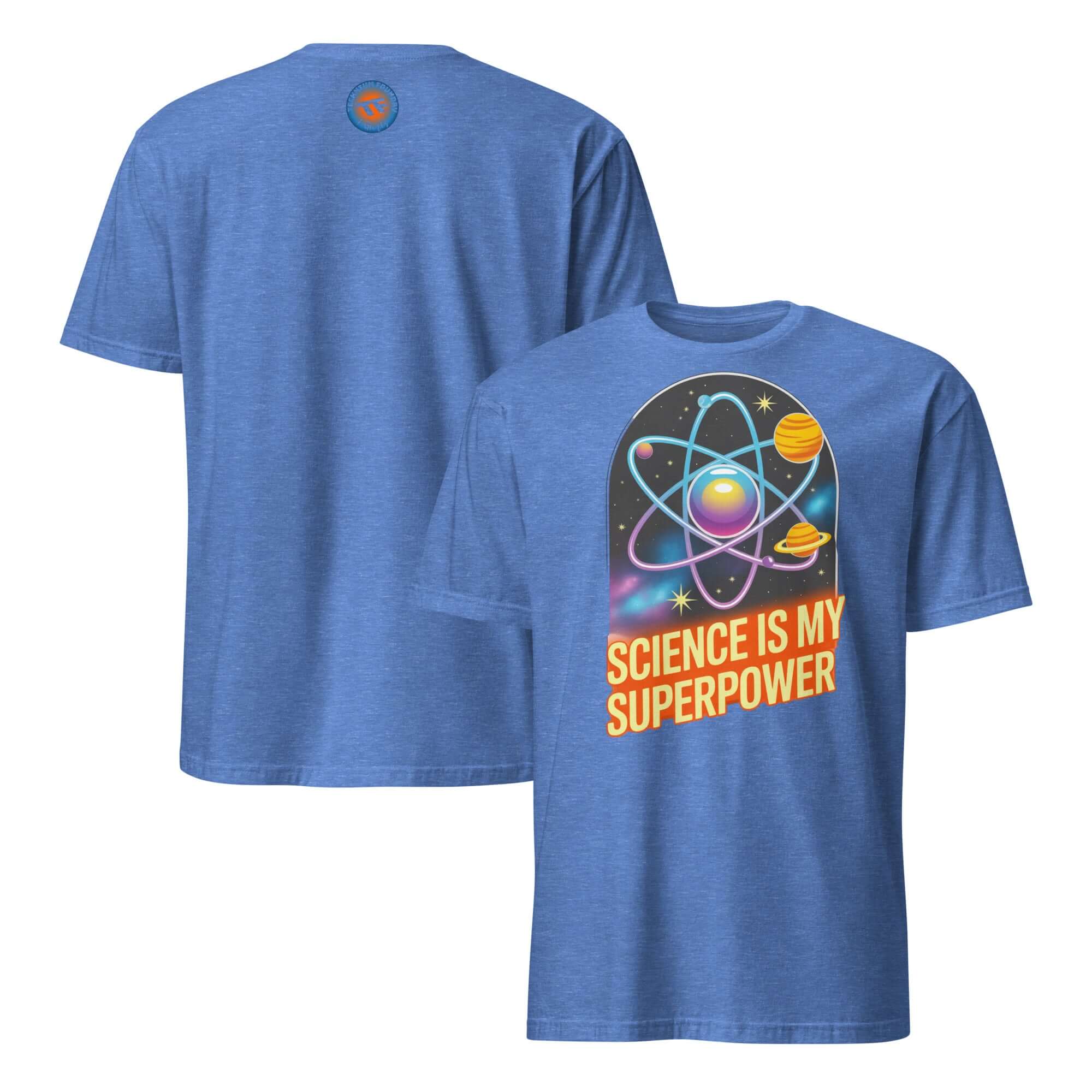 Blue 'Science is My Superpower' T-Shirt featuring atomic superhero design with planets, perfect for science enthusiasts.