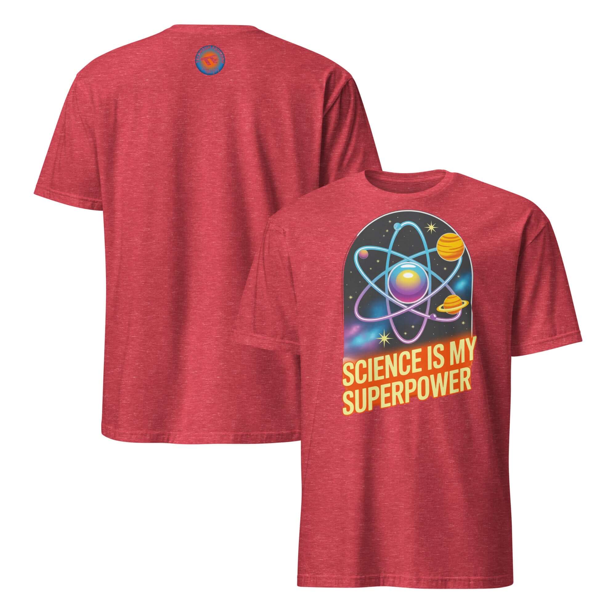 Red "Science is My Superpower" T-shirt featuring atomic superhero design with planets and atoms, perfect for science enthusiasts.