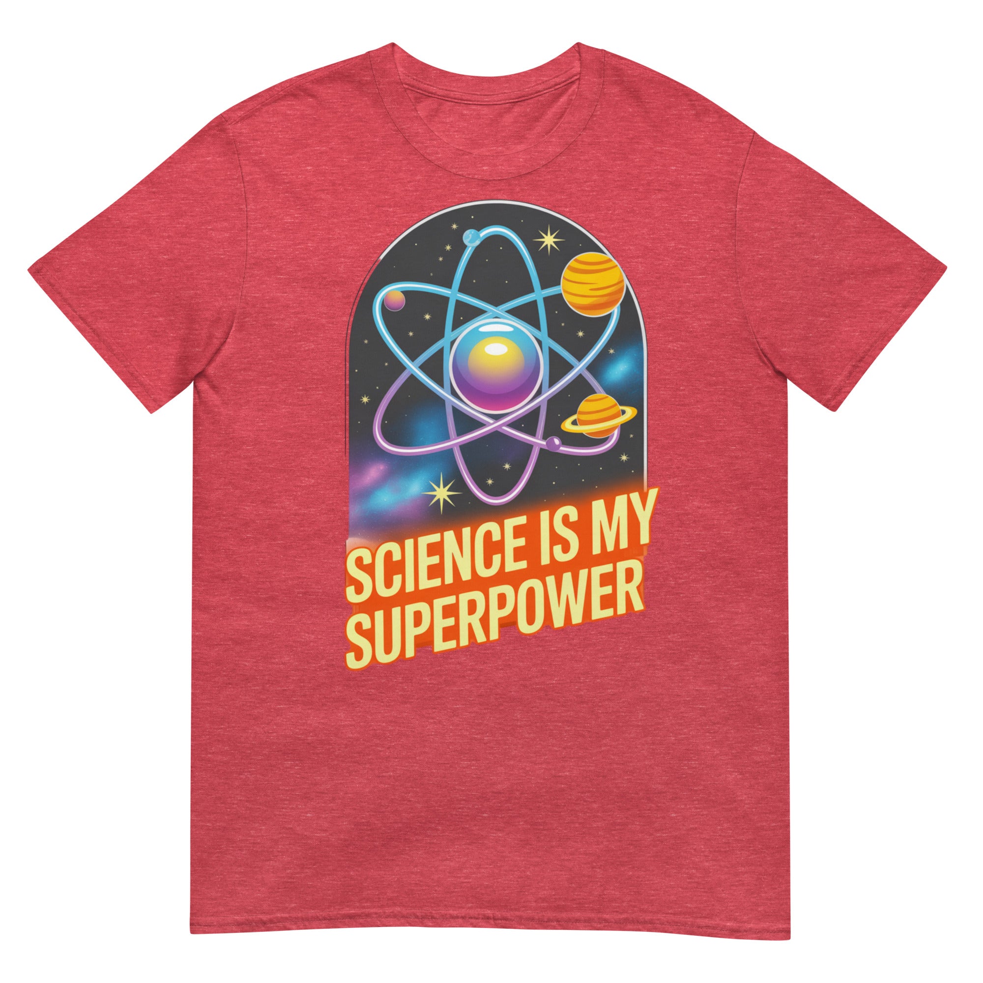 Red T-shirt with 'Science is My Superpower' graphic, featuring atomic and planetary design for cosmic superhero enthusiasts.
