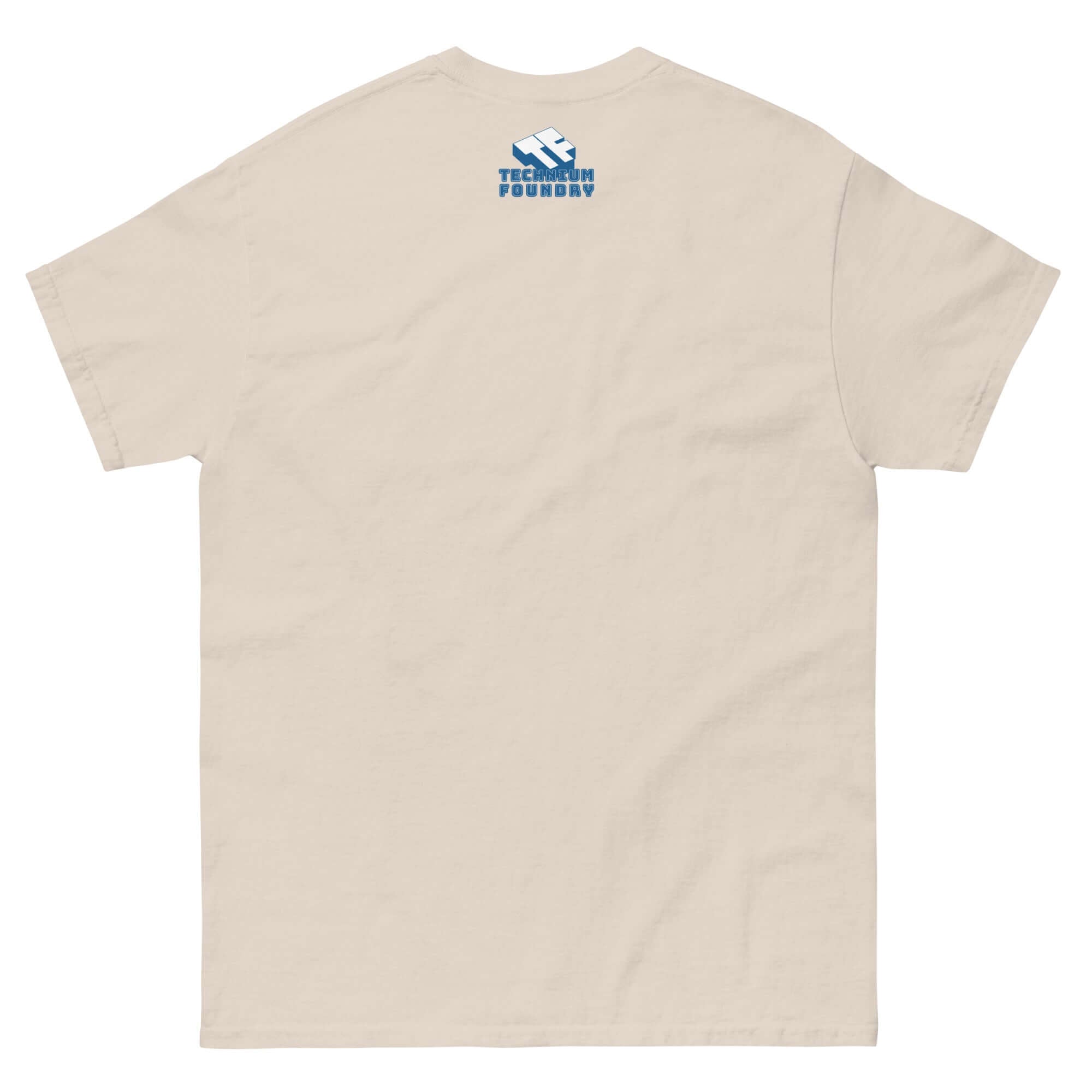 Back view of beige t-shirt with Tech Foundry logo, SEO Specialist Walks Into a Pub design for digital marketing enthusiasts.