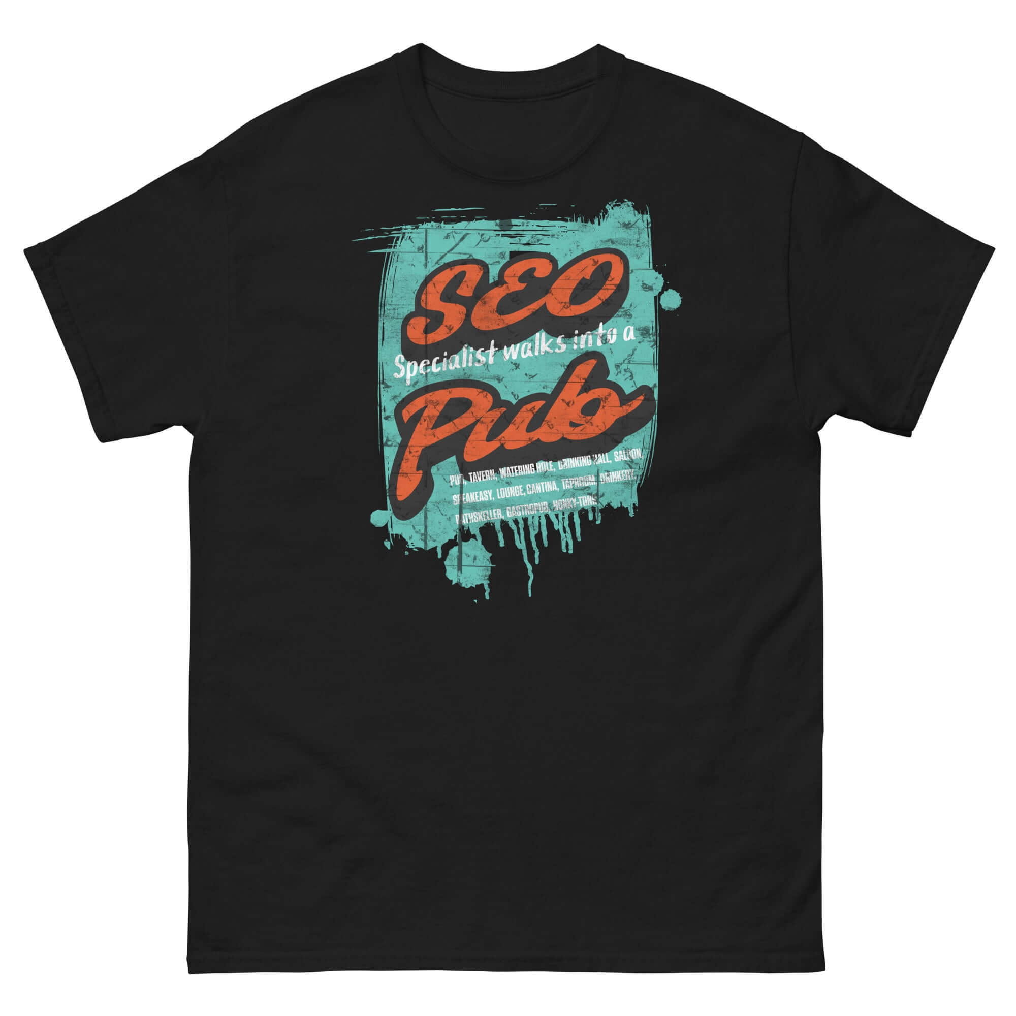 SEO Specialist Walks Into a Pub T-Shirt, digital marketing humor tee, black shirt with colorful design for SEO enthusiasts