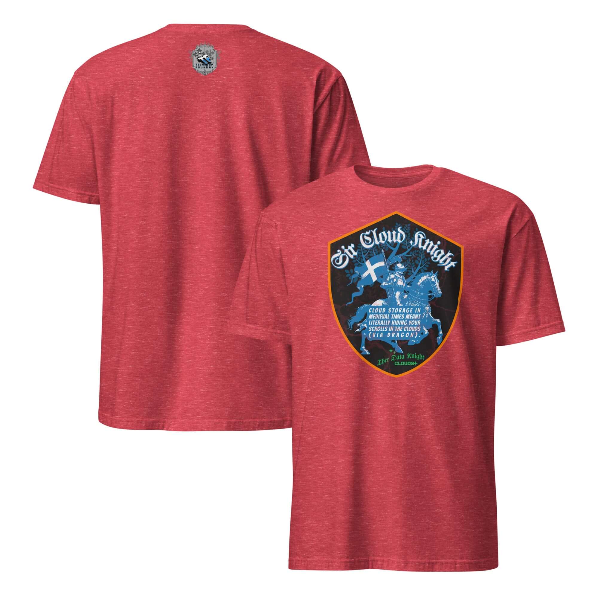 Red "Sir Cloud Knight" T-shirt featuring a medieval knight in armor, symbolizing tech humor with cybersecurity themes.