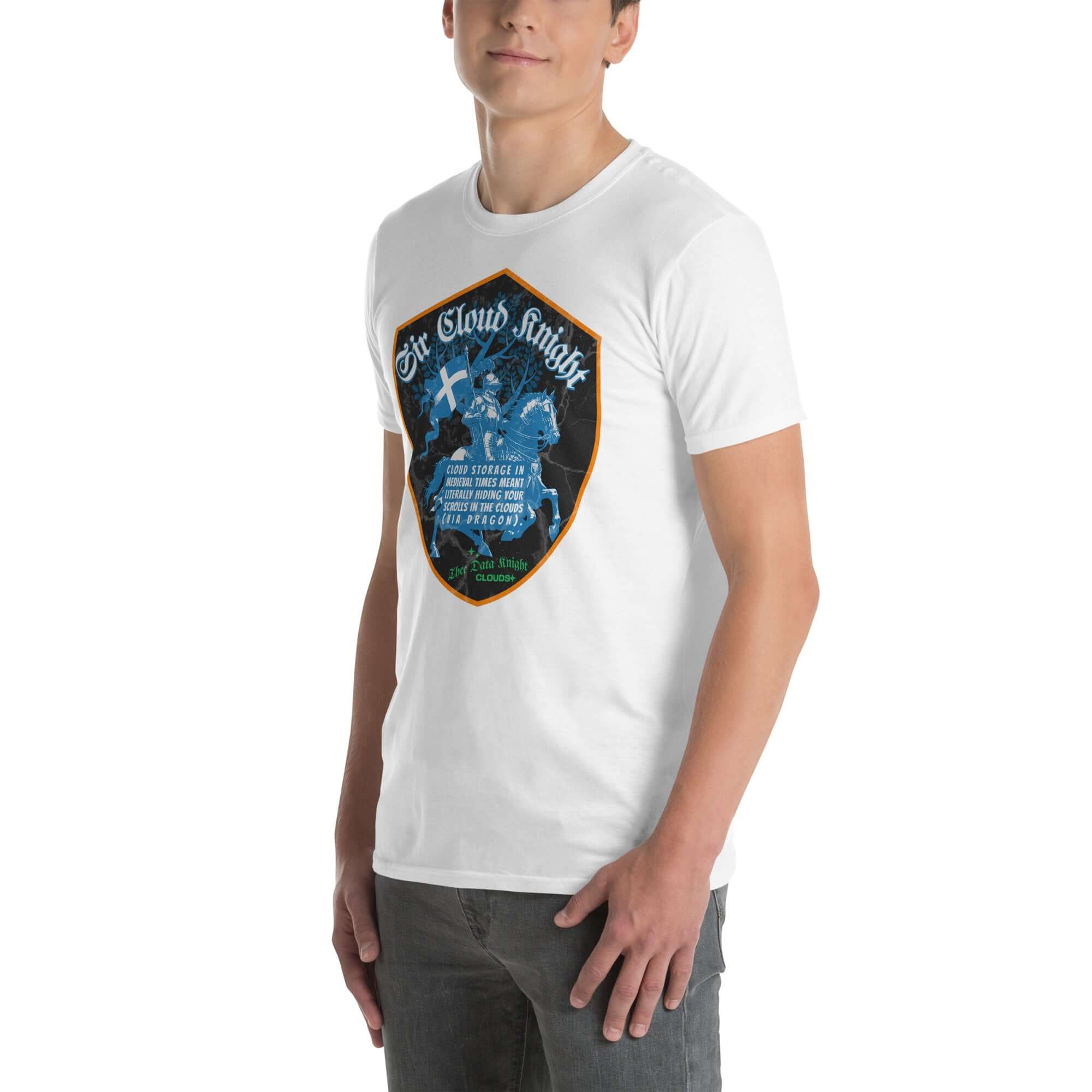 Man wearing Sir Cloud Knight T-shirt, featuring a medieval knight with tech humor design, blending cybersecurity with historical imagery.