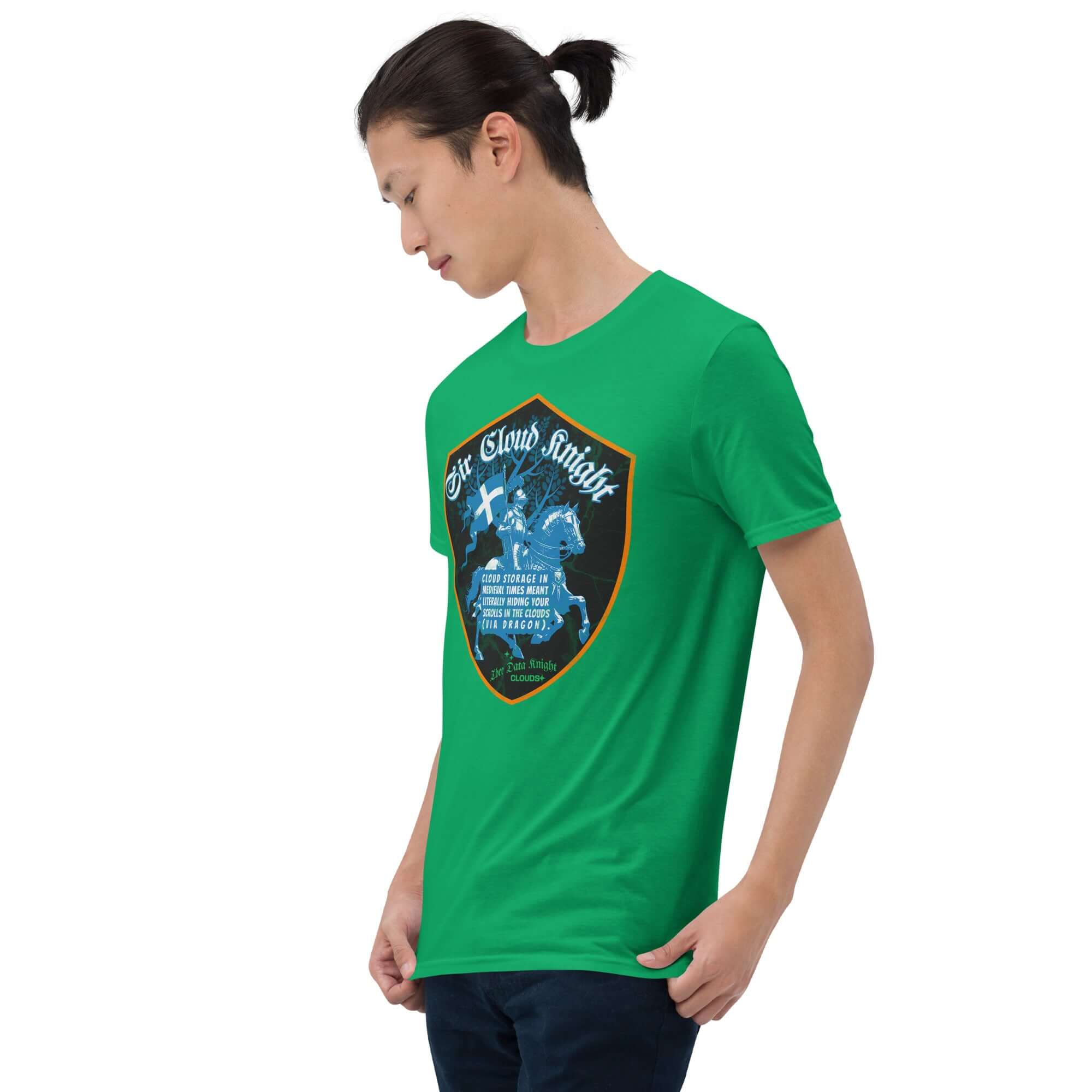 Man wearing a "Sir Cloud Knight" t-shirt with medieval tech humor design featuring a cybersecurity knight emblem.