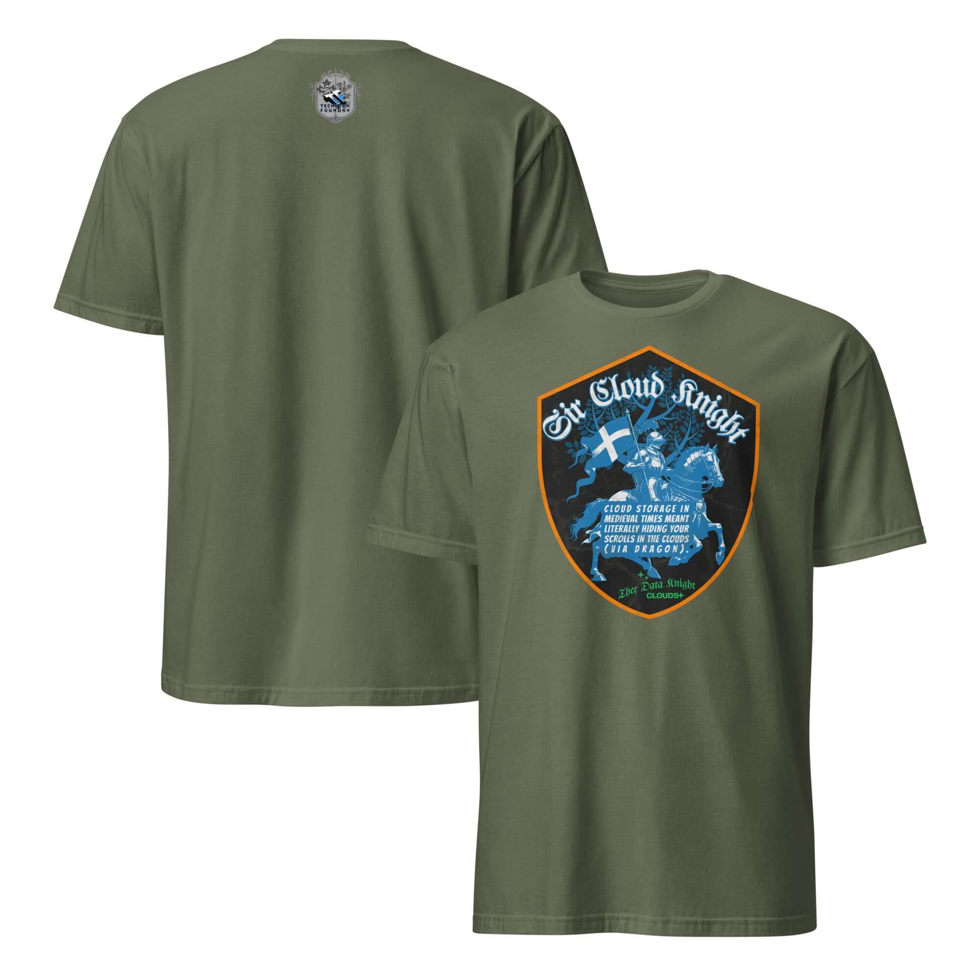 Green "Sir Cloud Knight" T-shirt featuring a medieval knight and cybersecurity shield emblem, combining humor and tech themes.