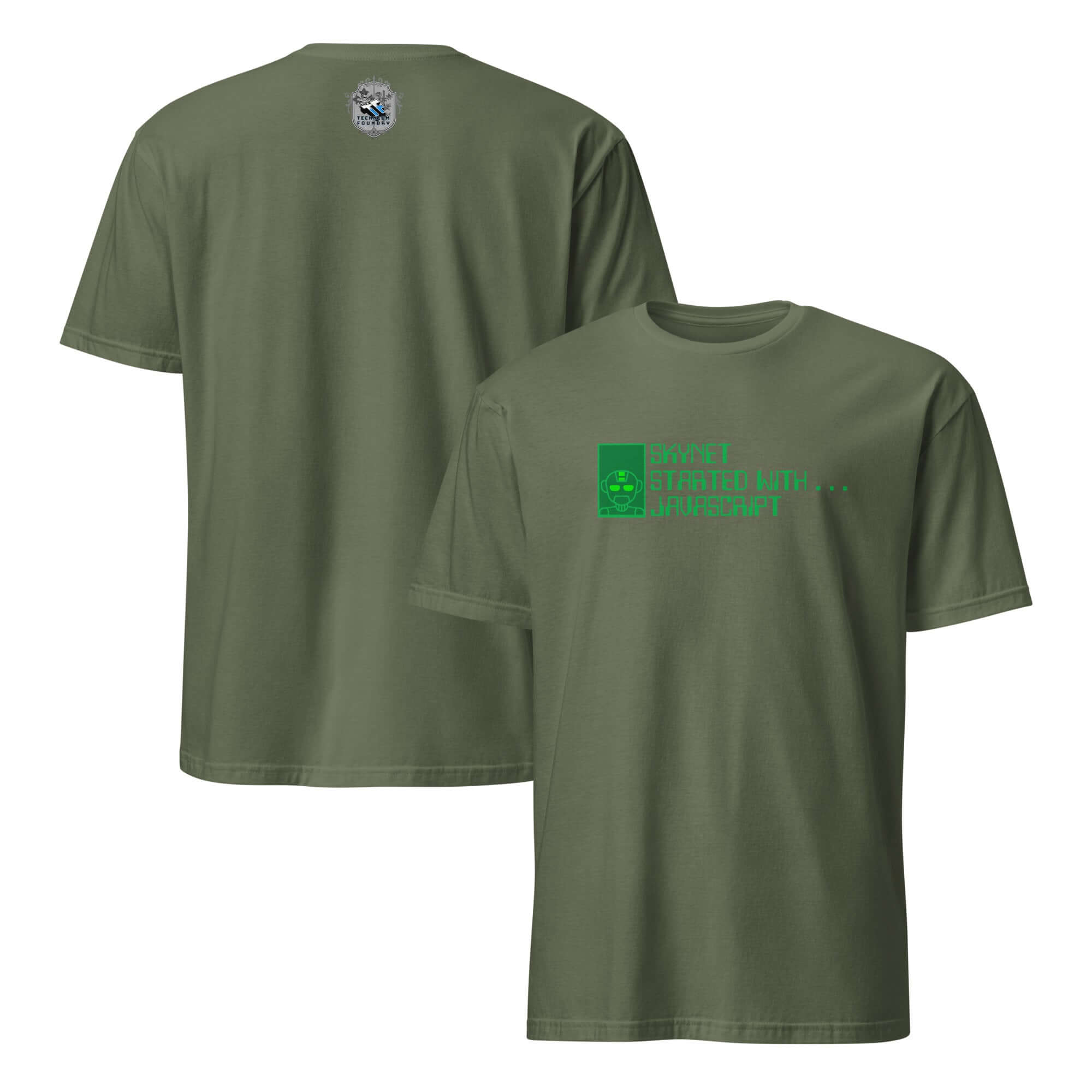Green T-shirt with 'Skynet Started With JavaScript' and AI programming humor text on front.