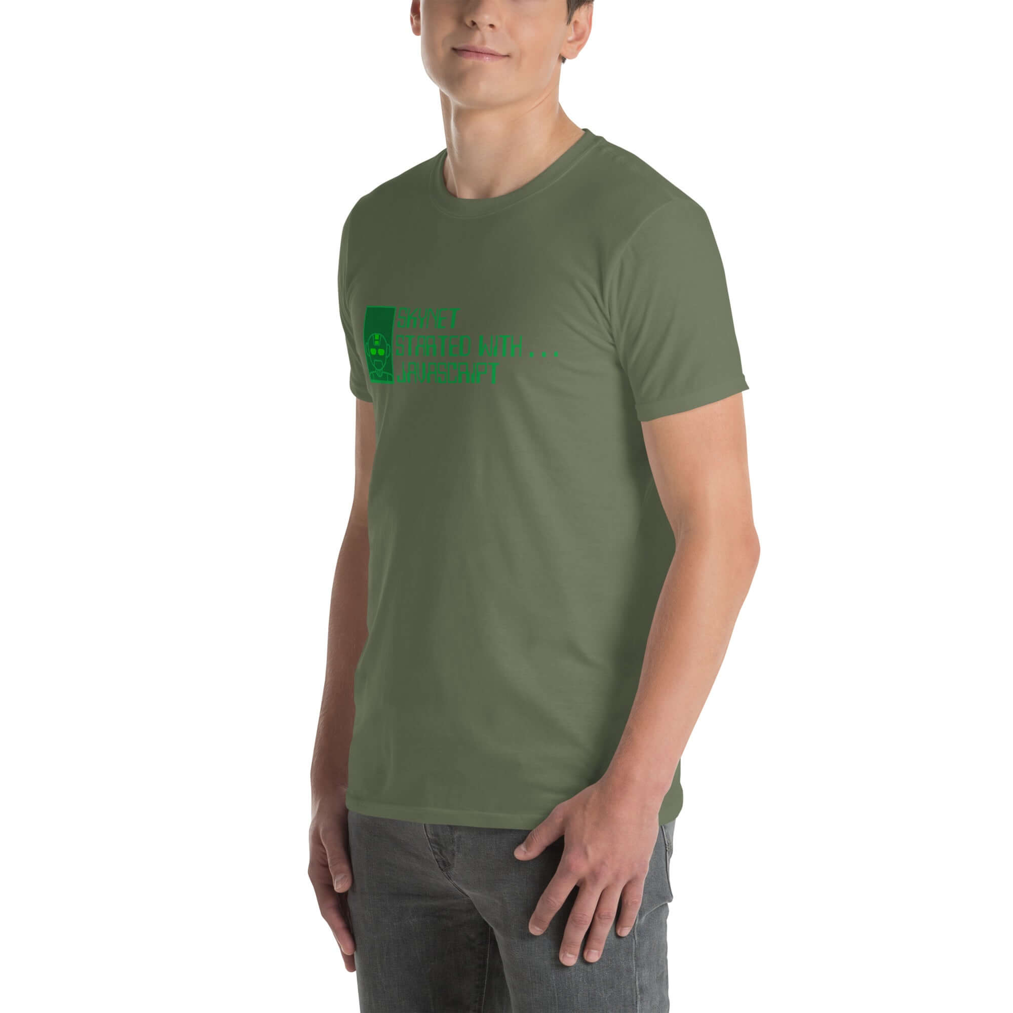 Olive green T-shirt with AI programming humor text 'Skynet Started With JavaScript', modeled by a person, tech-themed casual wear.
